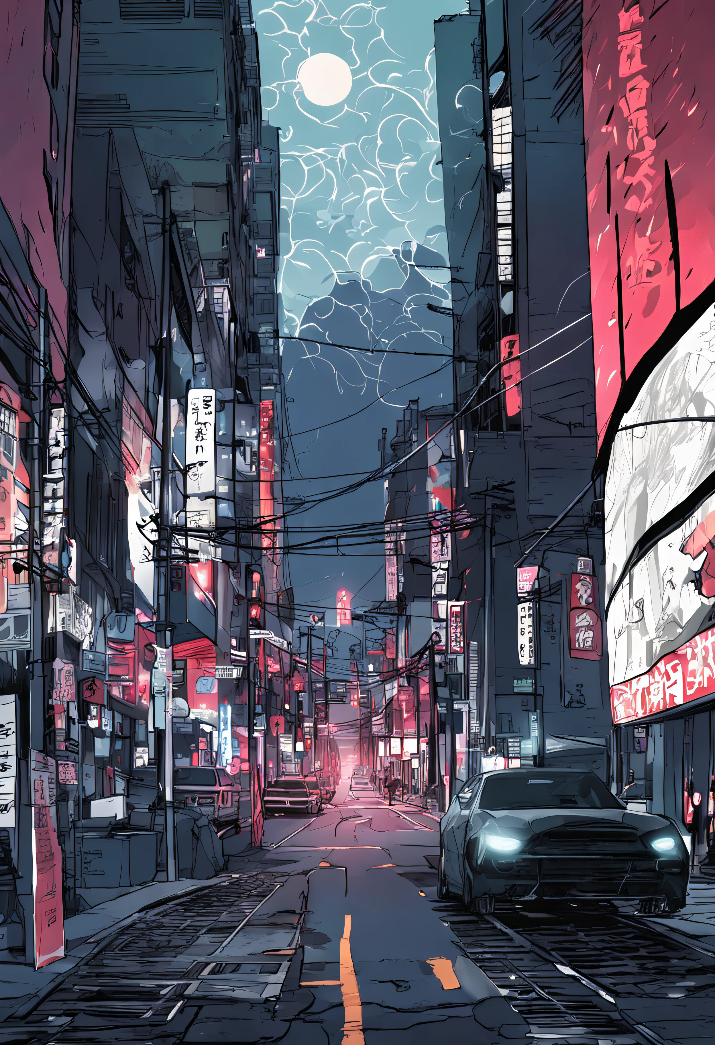 [Create a stunning night cityscape inspired by the style of Sui Ishida's Tokyo Ghoul.]