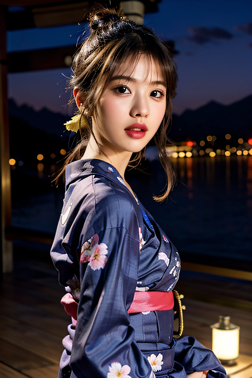 1 beautiful girl, Beautiful girl of the highest grade, Open mouth slightly, large breast, Realistic, extremely detailed, unified 8k wallpaper, highly detailed, High-definition raw color photos, professional photograpy, Realistic portrait, Cinematic Light, Beautiful detailed, (Floral yukata :1.5), Night festival, Staring at me, (Best Quality:1.4), Super Detail, High quality, masterpiece,