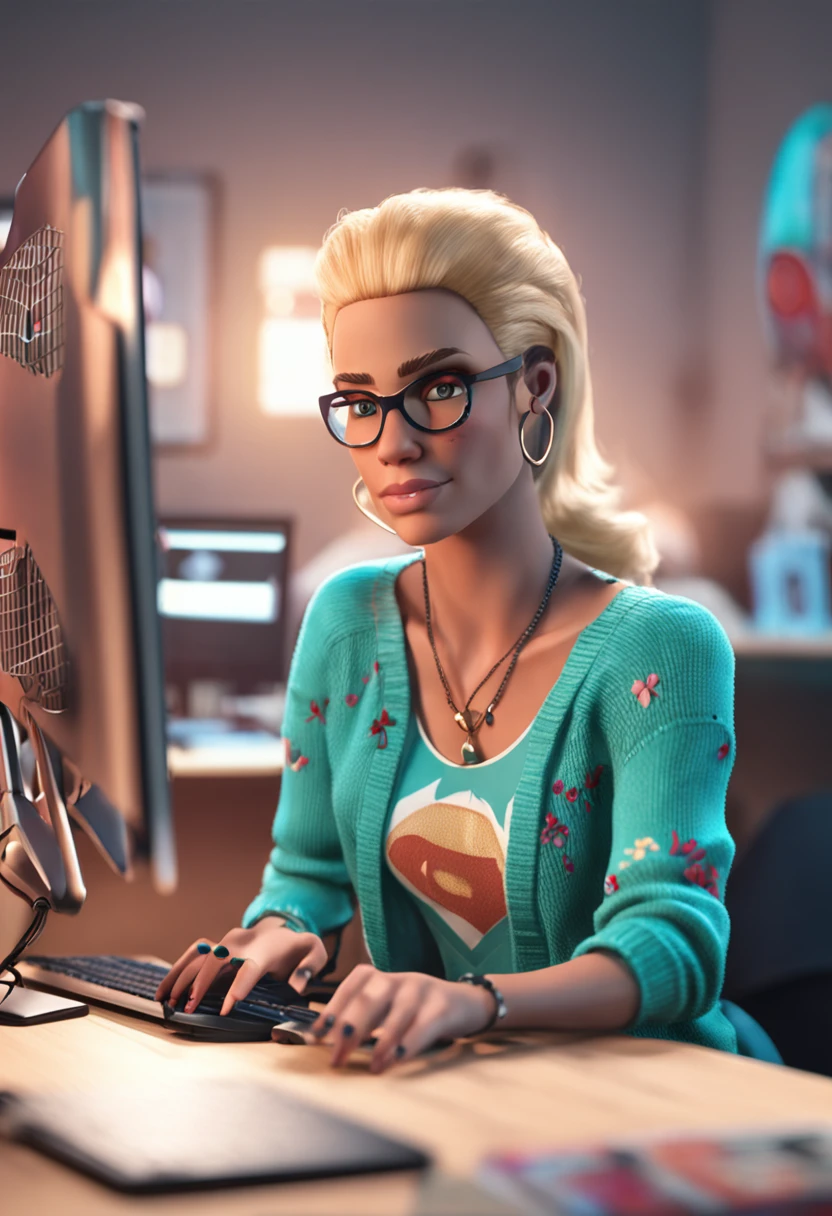 "Stylized 3D Model LoRA, depicting a gorgeous glamour sexy blond geek named Lora sitting behind a desk facing the camera , hands on the desk, immersed in her computer setup like an influencer, she is wearing cute turquoise floral sweater , hyperrealistic photography, niji 5 style, hands on the desk . The artwork is rendered in ultra-high-definition, super detailed emotions, and face details, (UHD) with an ultra-realistic aesthetic."