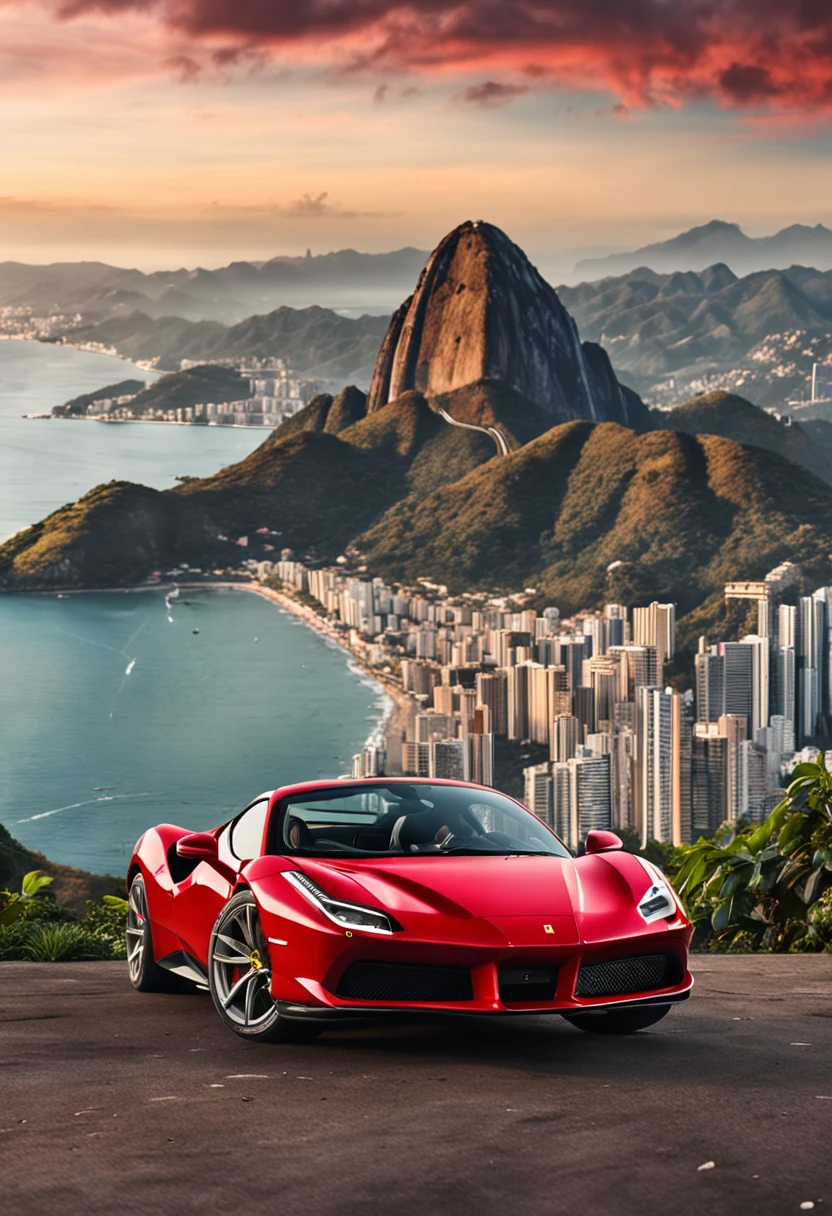 (best quality, 8k, master part :1.2), hyper realistic, cidade do Rio de Janeiro, Brasil, em uma montanha, uma Ferrari 488 vermelha detalhada, Cristo Redentor ao fundo, uma menina de cabelo castanho bonita em roupas de esporte olhando para a paisagem