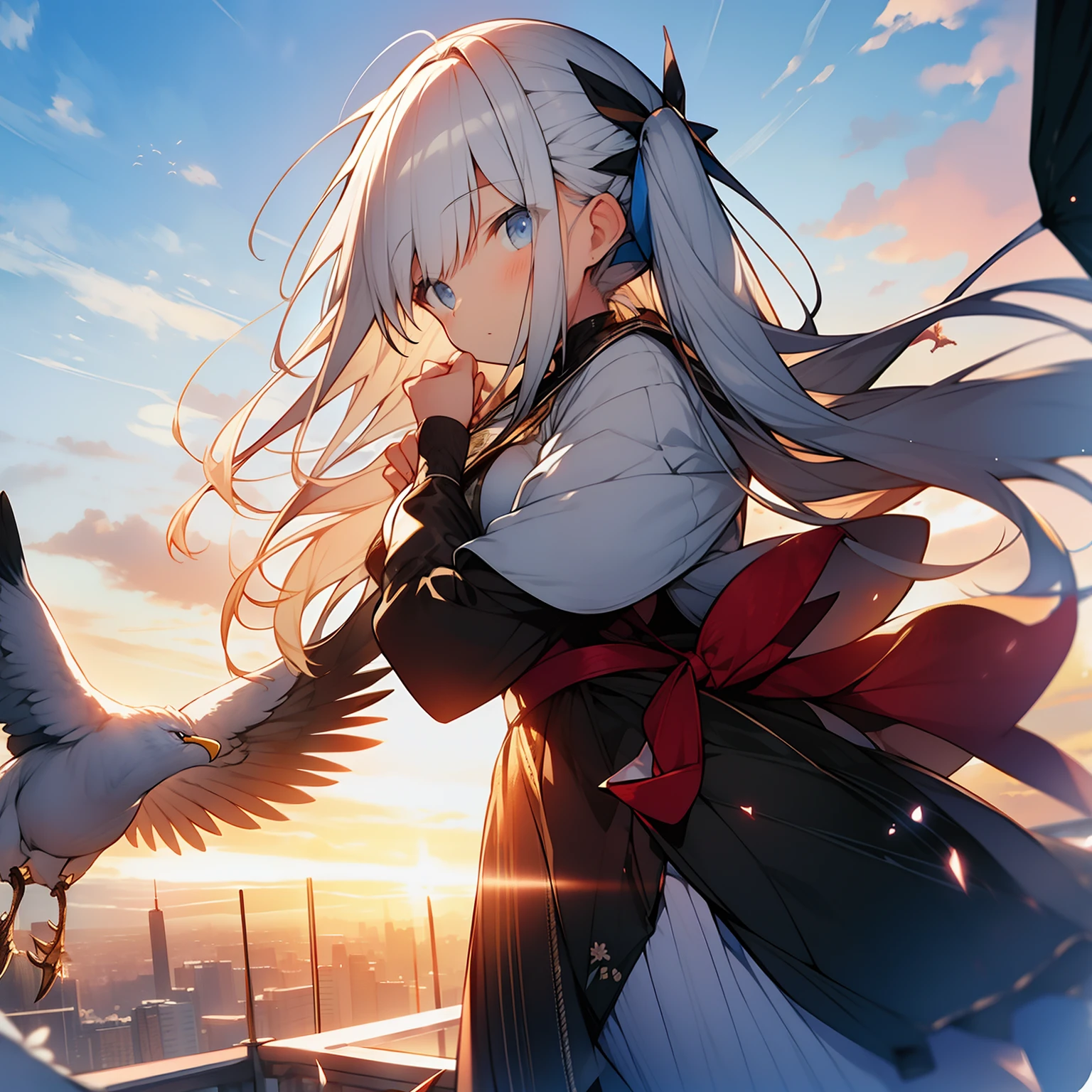 masterpiece、Silver-haired girl riding a phoenix、Clean hair with short pigtails、Dresses fluttering in the wind、Gliding comfortably in the sunset sky、Riding on the back of a giant bird