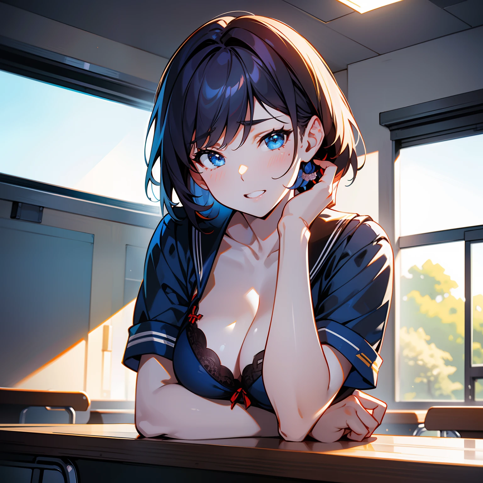 Blue-orange curls are curved inward,It belongs to short-haired,There is a strong sense of freshness and freshness,girl with,serafuku, hands on one's face, Elbows on the desk, Sit up, Classroom, sunlights, window, see the beholder, Iki face, Teeth are coming out, You can see cleavage and bra:1.2, Best Quality,Ultra-detailed, High resolution, extremely details CG, Unity 8k壁纸, Official art, production art, novel illustration, by famous artist, Caustics, textile shading, super detailed skin, Perfect Anatomy, Detailed, Cinematic lighting, Dynamic lighting, Beautiful detailed eyes, (top-quality), (ultra-detailliert), (masuter piece), (hight resolution), (Original), Character Design, Game CG, Detailed Manga Illustration, Realistic head-to-body size ratio:1.2