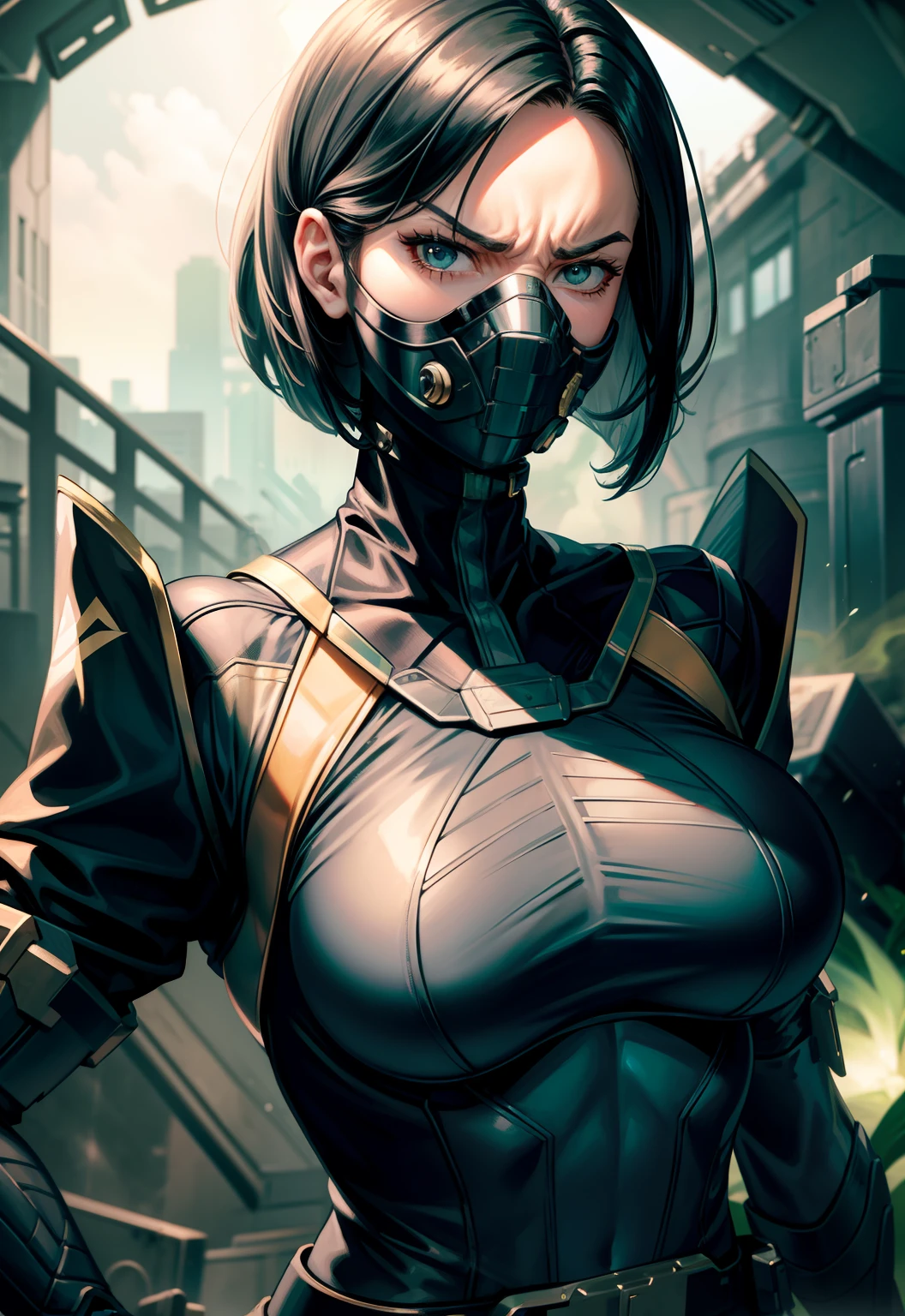 Masterpiece, Best quality,Look at the woman from below ，《Fearless viper》, tightsuit, mitts, belt, thigh boots, respirator, view the viewer, face, Portrait, Close-up, Glowing eyes, green smoke, Black background,huge tit，Raised chest，Close-up of chest，oversized boobs，chest focus，Woman in a swimsuit，angry look，Extremely erotic figure，Staring angrily at the screen，Facing the screen，High-gloss dark style