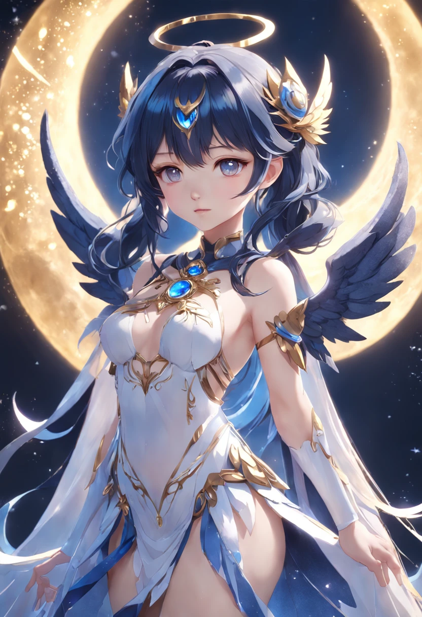 Adorned young goddess of the moon in a sparkling dark blue fantasy moon scarmor with wings and gentle facial features, white glowing angel wings, helle Lichter und Funken, Anime Goddess, Unreal-Engine-Rendering + a goddess, 3-D-Rendercharakter Kunst 8 K, render of a cute 3d anime girl, Artgerm, 3D-Unreal-Engine, Anime sehr detailliert, 8k hochwertige detaillierte Kunst, Goddess. Extrem hohe Detailgenauigkeit, photorealistic anime girl render, Goddess of Light,