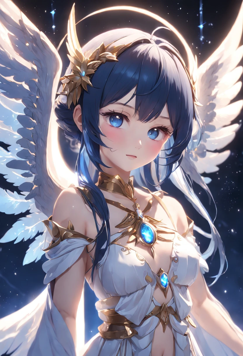 Adorned young goddess of the moon in a sparkling dark blue fantasy moon scarmor with wings and gentle facial features, white glowing angel wings, helle Lichter und Funken, Anime Goddess, Unreal-Engine-Rendering + a goddess, 3-D-Rendercharakter Kunst 8 K, render of a cute 3d anime girl, Artgerm, 3D-Unreal-Engine, Anime sehr detailliert, 8k hochwertige detaillierte Kunst, Goddess. Extrem hohe Detailgenauigkeit, photorealistic anime girl render, Goddess of Light,