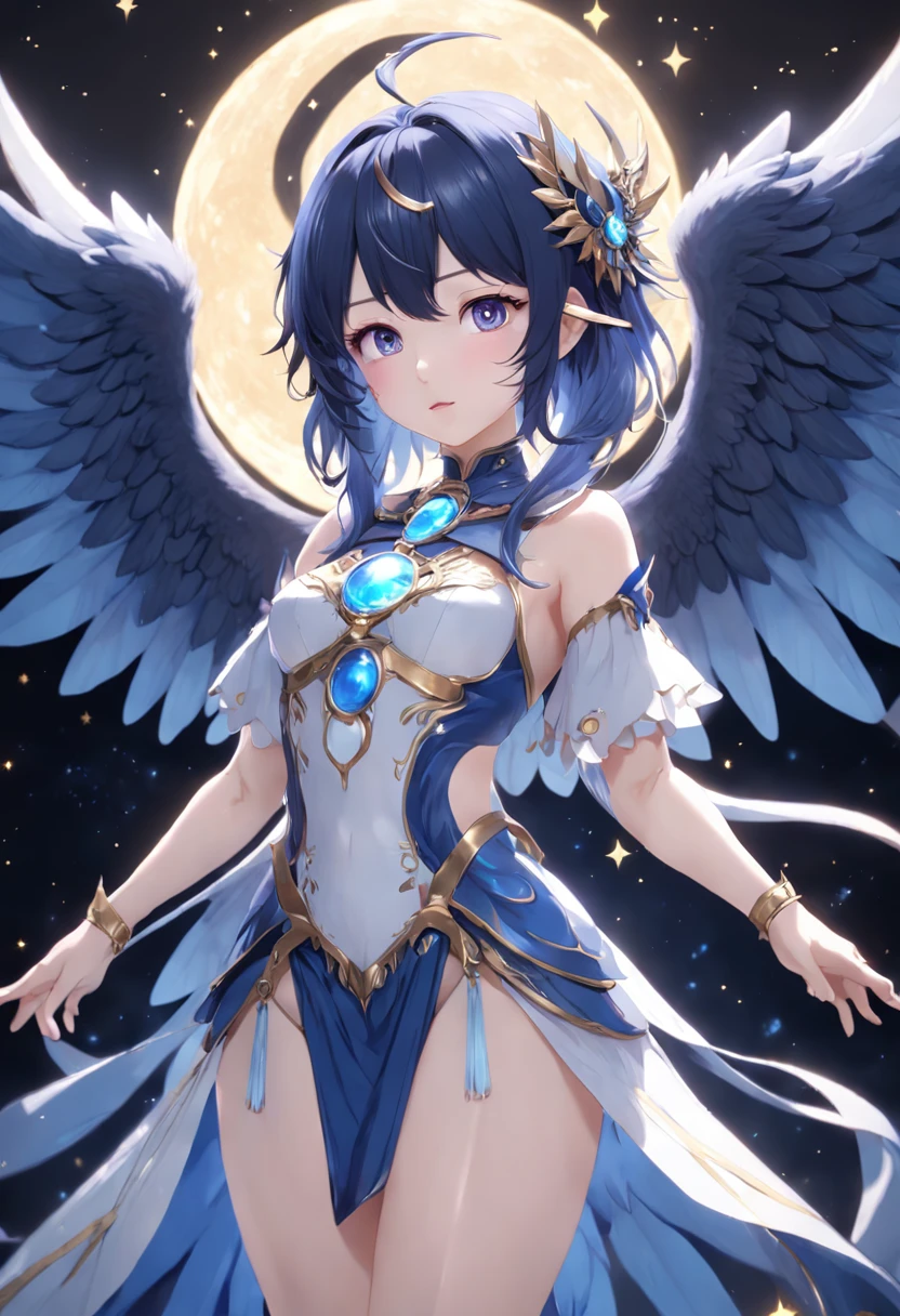 Adorned young goddess of the moon in a sparkling dark blue fantasy moon scarmor with wings and gentle facial features, white glowing angel wings, helle Lichter und Funken, Anime Goddess, Unreal-Engine-Rendering + a goddess, 3-D-Rendercharakter Kunst 8 K, render of a cute 3d anime girl, Artgerm, 3D-Unreal-Engine, Anime sehr detailliert, 8k hochwertige detaillierte Kunst, Goddess. Extrem hohe Detailgenauigkeit, photorealistic anime girl render, Goddess of Light,
