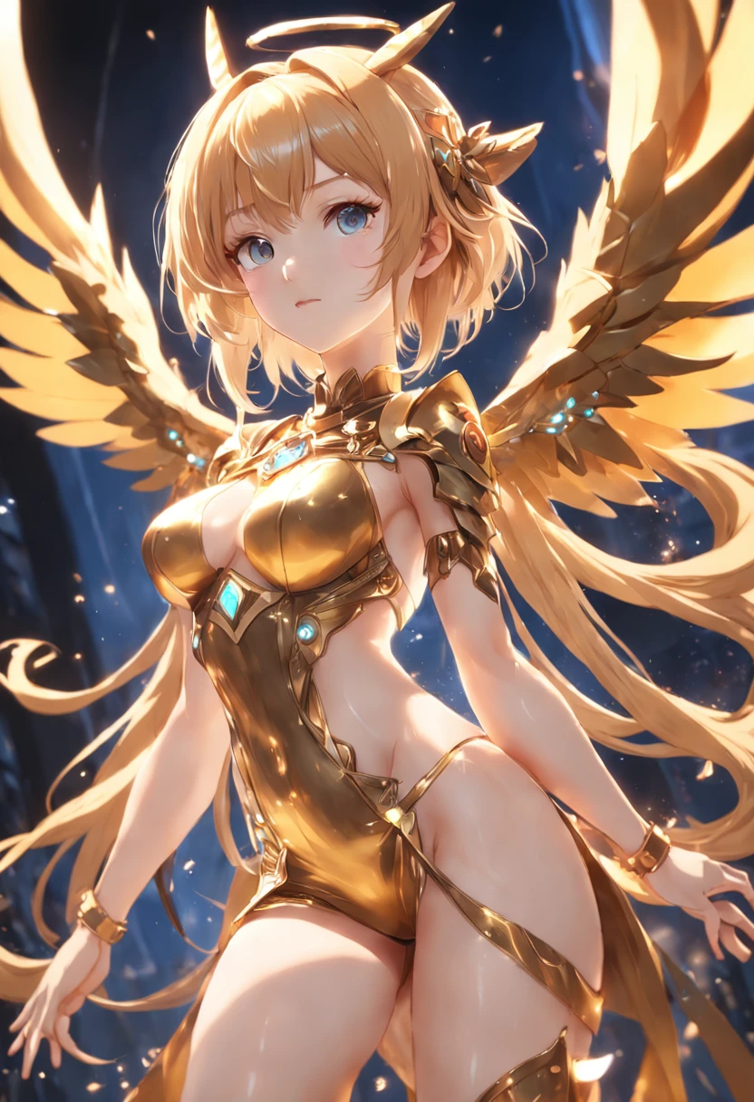 araffierte junge Frau in einem goldenen seidenem bauchfreien Federoutfit, von hellen Lichtern und Funken umgebem, anime goddess, Unreal-Engine-Rendering + a goddess, 3-D-Rendercharakter Kunst 8 K, render of a cute 3d anime girl, Artgerm, 3D-Unreal-Engine, Anime sehr detailliert, 8k hochwertige detaillierte Kunst, Goddess. Extrem hohe Detailgenauigkeit, photorealistic anime girl render, Goddess of Light