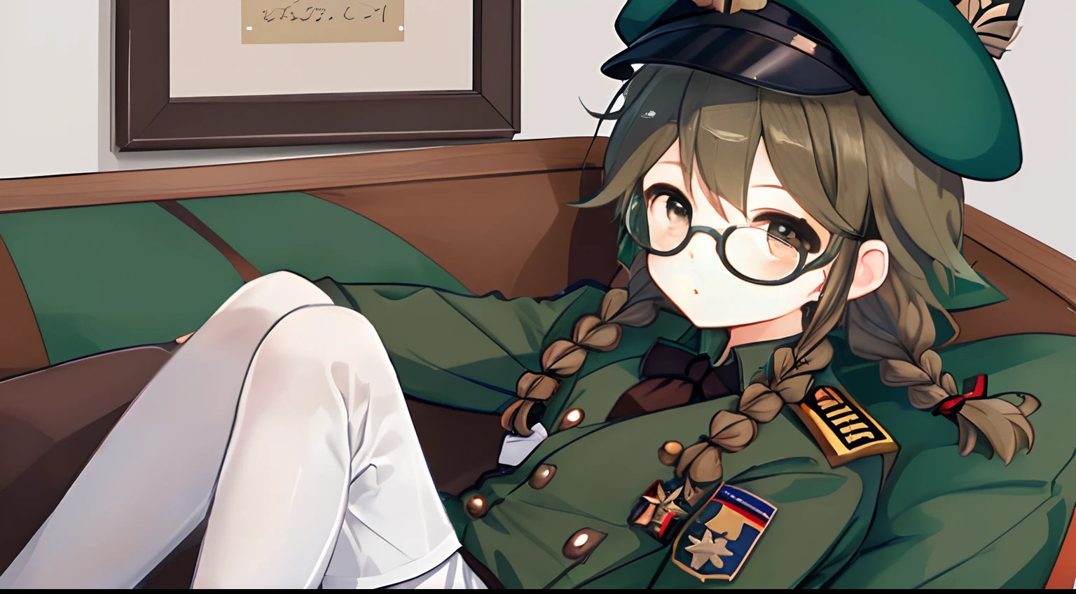 Prim_snowlight,brown hair,twin tail,glasses,red eyes,military uniform, white necktie, green shirts, long sleeves, white skirt, thighhighs