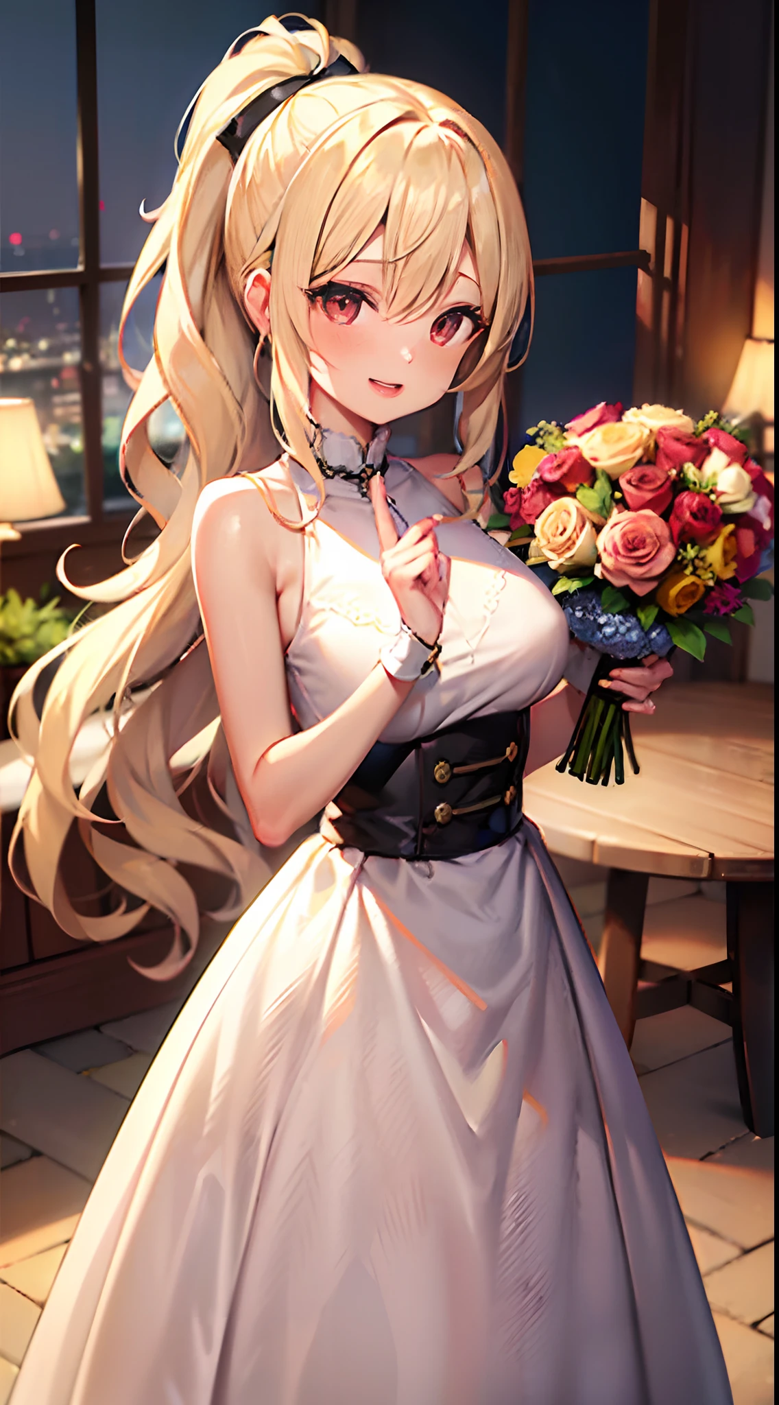 a cute girl,(18 years old), beautiful blond hair,(blonde hair), long hair, (ponytail),wavy hair, bangs, hair between eyes, sidelocks,transparent hair, translucent hair,beautiful red eyes,(red eyes),(beautiful eyes), medium_breasts,(C cup),(beautiful finger),(perfect finger),(perfect hands),(ballgown), (colorful fireworks),((holding colorful bouquet in both hands)),bouquet, bouquet, fountain,focus face,open mouth,smile,blush,((masterpiece)), ((best quality)), (ultra-detailed), ((kawaii)), cute, (lovely), 4k,(8k),