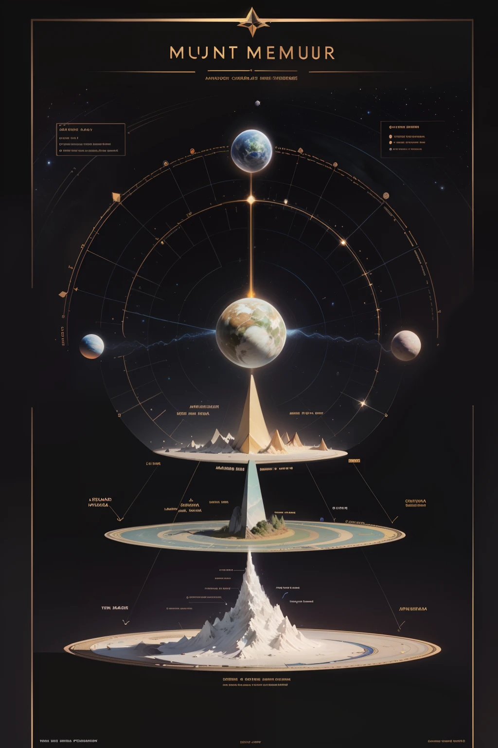 Mount Meru，Schematic diagram of the hierarchical structure of the multi-layer universe，Detailed chart annotations，Triangular boundaries，frame，Planetary hierarchy，Surrounded by stars，Star chart，Detailed details are plentiful，Display the chart symmetrically，Astronomy Teaching Diagram，