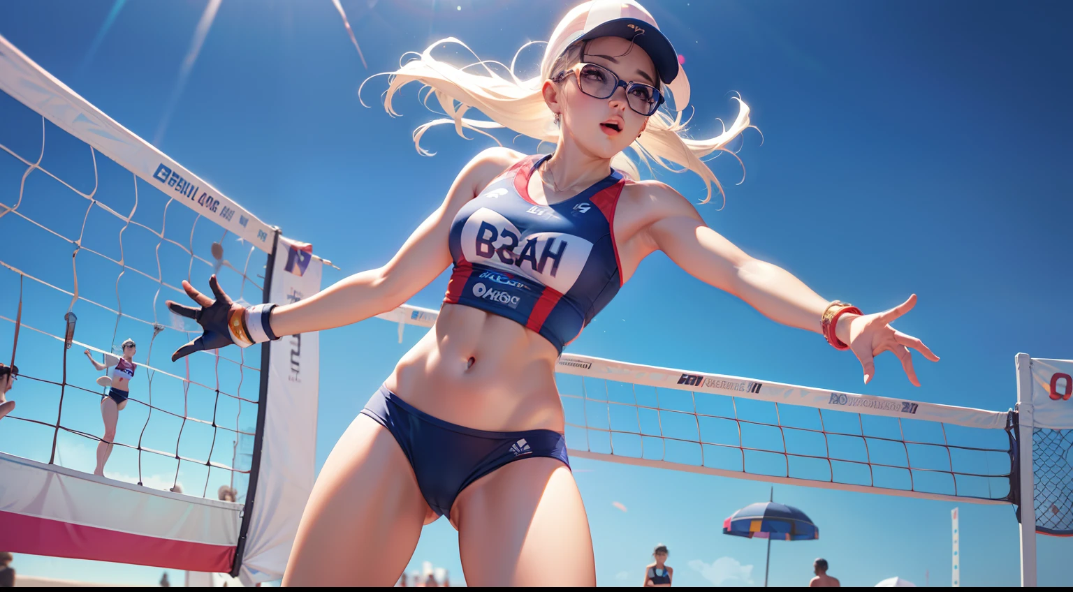 Girl with glasses,((((Beach volleyball)))),Large breasts,Transparent top,HD,Best quality at best,rich details,hyper HD,32K,Top photography