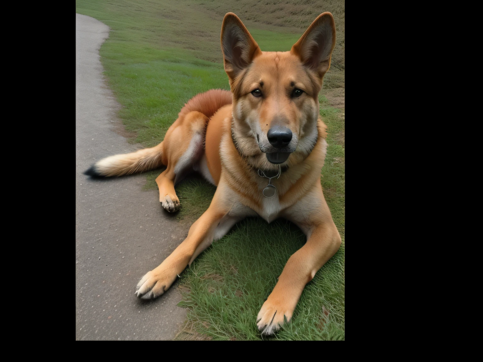 there is a dog that is laying down on the grass, (((rusty))), canine, profile shot, dingo, beige german shepherd, miko, amber, k9, kiki, help me, around 1 9 , misty, closeup portrait shot, sfw, the photo shows a large, dog, sienna, a dingo mascot, jewel, lowres, front portrait