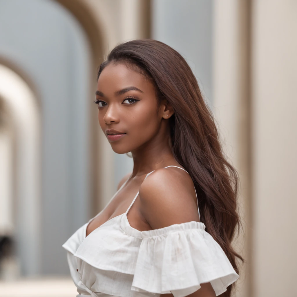 beautiful 25 year old girl posing in a club, African American, brown skin, skinny, flat chest, tiktok, instagram, sarah b. alston and co, associate attorney, best quality, 1girl, blur background, bokeh, (mall:1.4), ((wearing a white shirt)), gorgeous, (dynamic pose:1), wind, ((portrait:1.4))