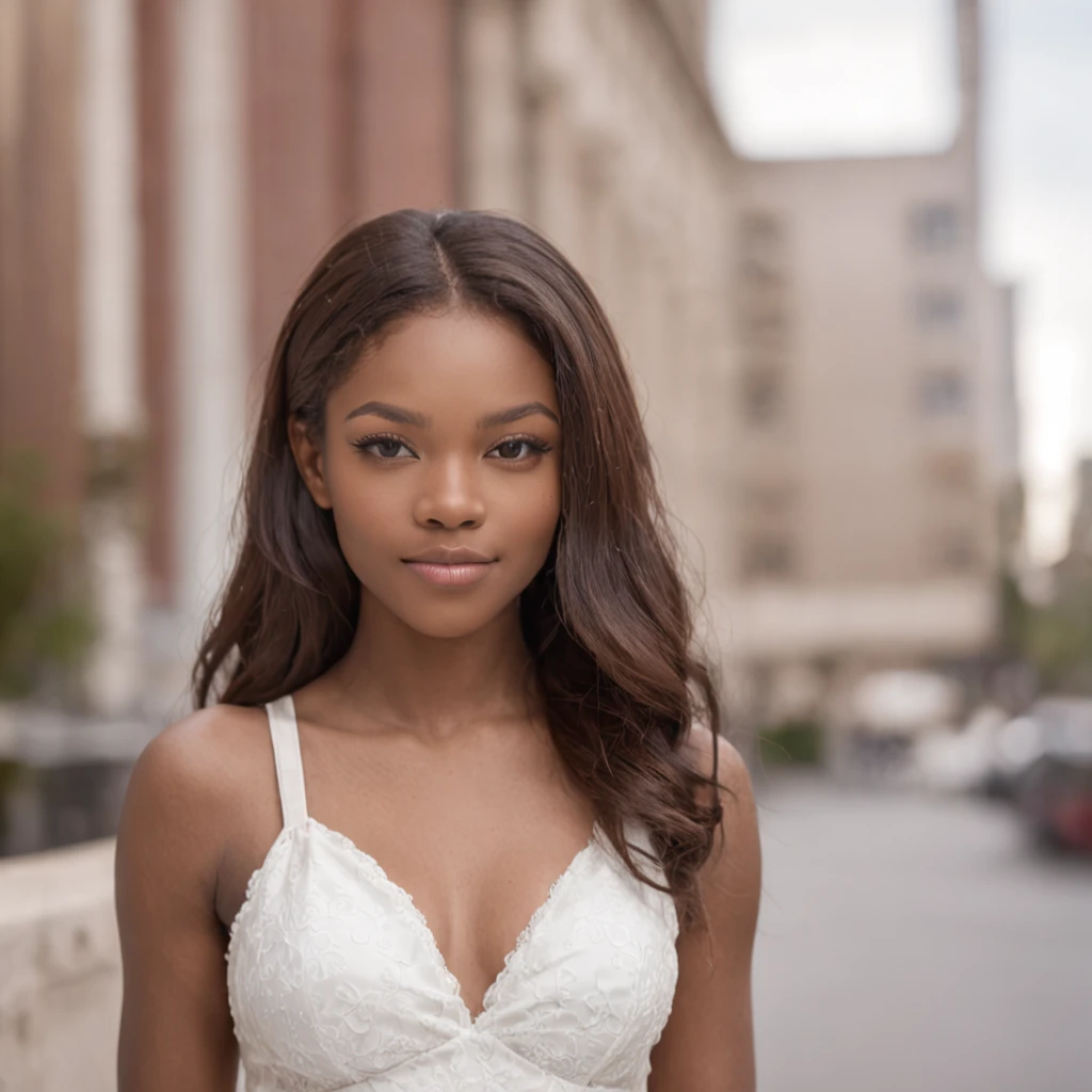 beautiful 25 year old girl posing in a club, African American, brown skin, skinny, flat chest, tiktok, instagram, sarah b. alston and co, associate attorney, best quality, 1girl, blur background, bokeh, (mall:1.4), ((wearing a white shirt)), gorgeous, (dynamic pose:1), wind, ((portrait:1.4))