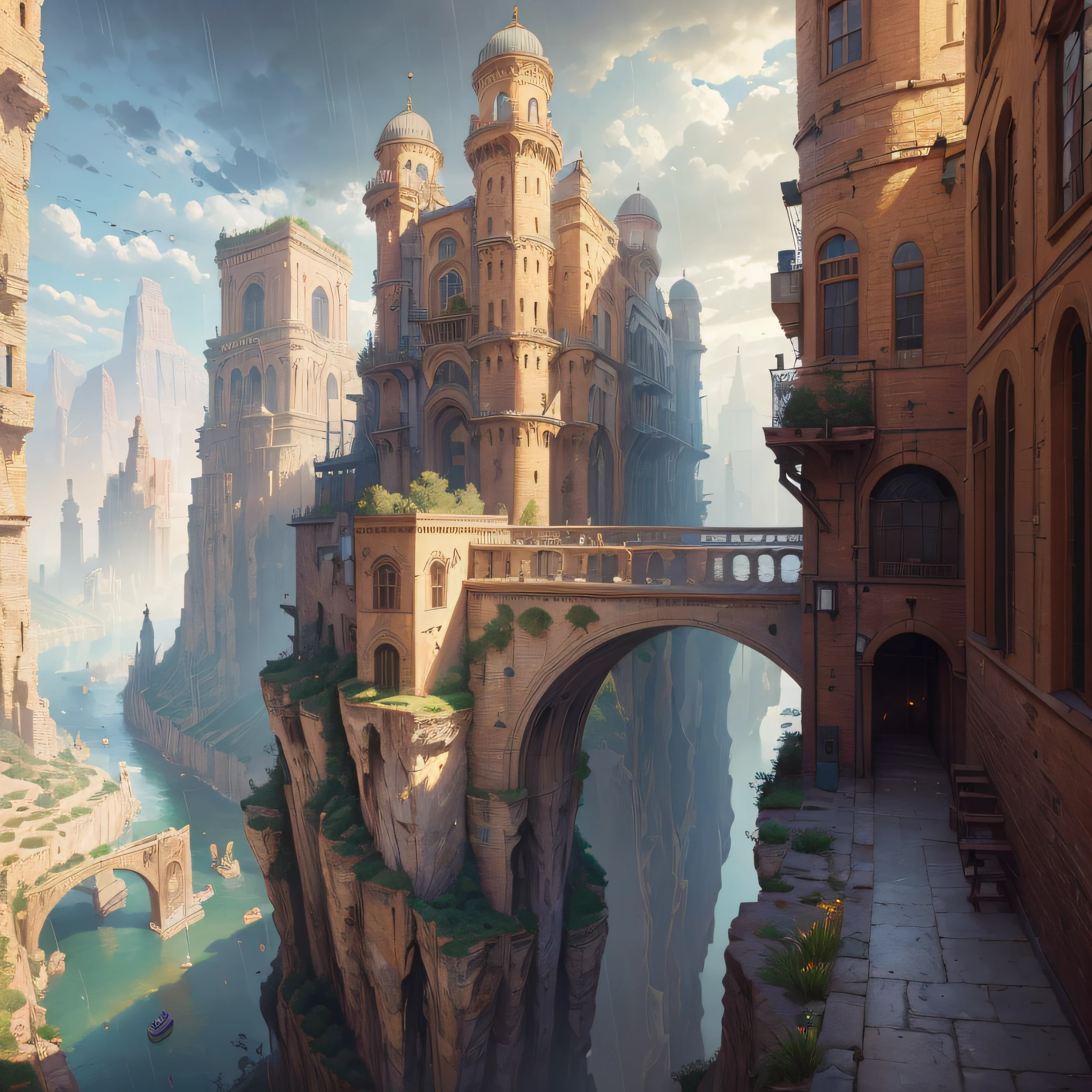 ((masterpiece)),((best quality)),((high detial)),((realistic,)) Industrial age city, deep canyons in the middle, architectural streets, bazaars, Bridges, rainy days, steampunk, European architecture