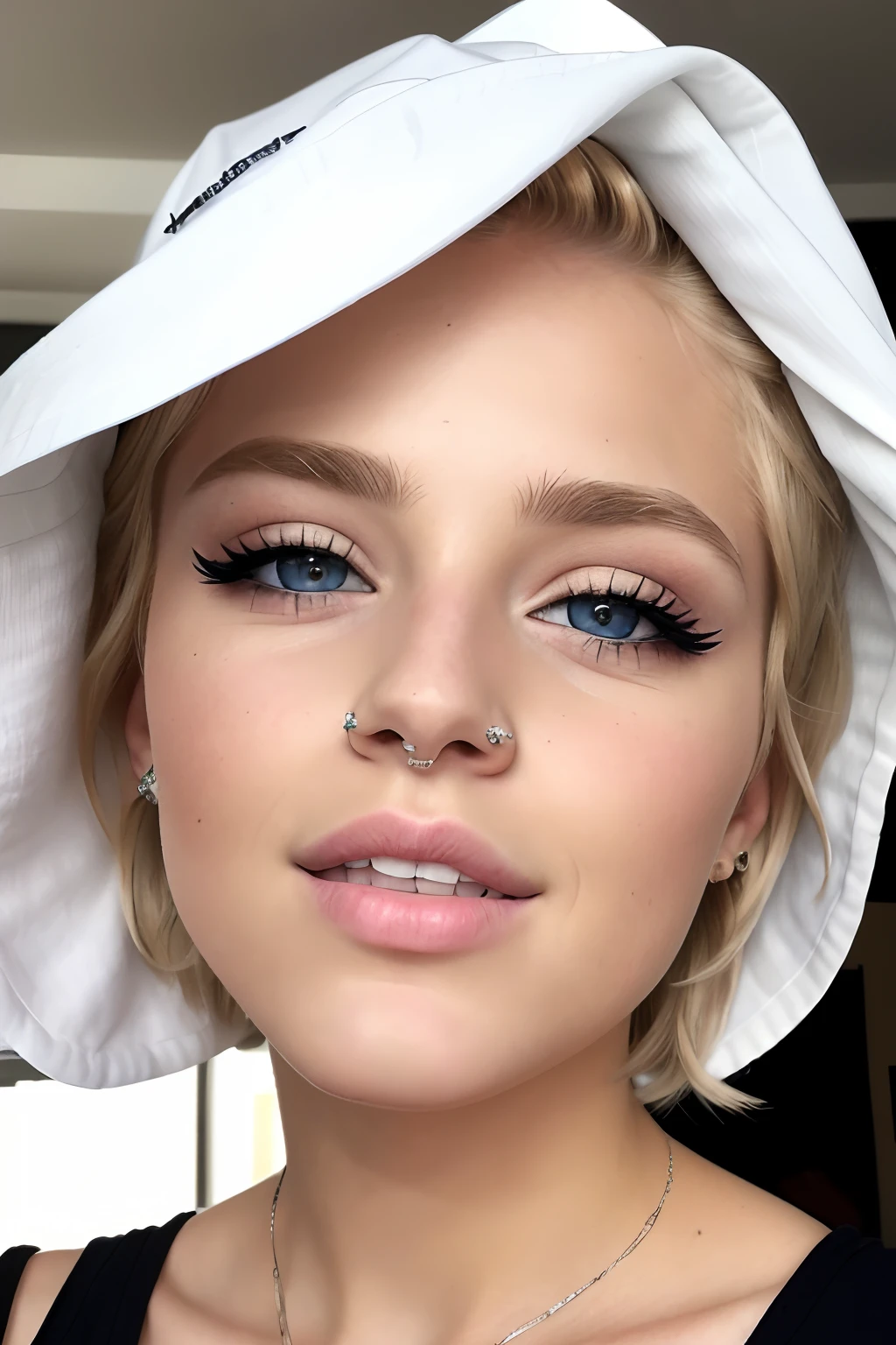 ((best quality)), ((ultra res)), ((photorealistic)), (intricate details), 19 years old, blonde hair, perfect face, make up:1.5, light on face, face detail, pixie_cut,