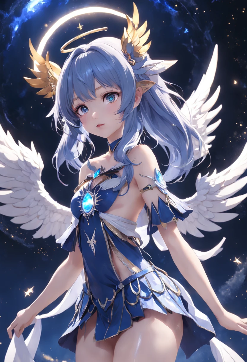 Adorned young goddess of the moon in a sparkling dark blue fantasy moon scarmor with wings and gentle facial features, white glowing angel wings, helle Lichter und Funken, Anime Goddess, Unreal-Engine-Rendering + a goddess, 3-D-Rendercharakter Kunst 8 K, render of a cute 3d anime girl, Artgerm, 3D-Unreal-Engine, Anime sehr detailliert, 8k hochwertige detaillierte Kunst, Goddess. Extrem hohe Detailgenauigkeit, photorealistic anime girl render, Goddess of Light,