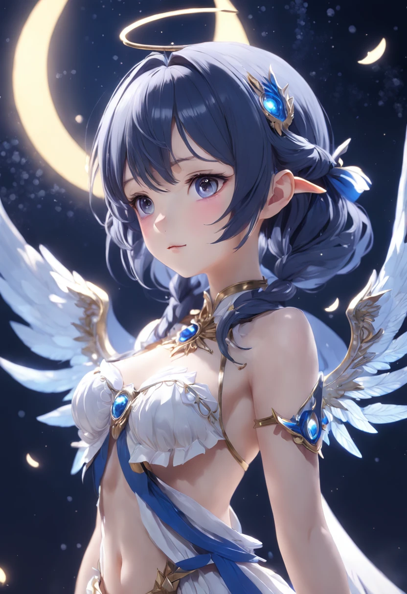 Adorned young goddess of the moon in a sparkling dark blue fantasy moon scarmor with wings and gentle facial features, white glowing angel wings, helle Lichter und Funken, Anime Goddess, Unreal-Engine-Rendering + a goddess, 3-D-Rendercharakter Kunst 8 K, render of a cute 3d anime girl, Artgerm, 3D-Unreal-Engine, Anime sehr detailliert, 8k hochwertige detaillierte Kunst, Goddess. Extrem hohe Detailgenauigkeit, photorealistic anime girl render, Goddess of Light,