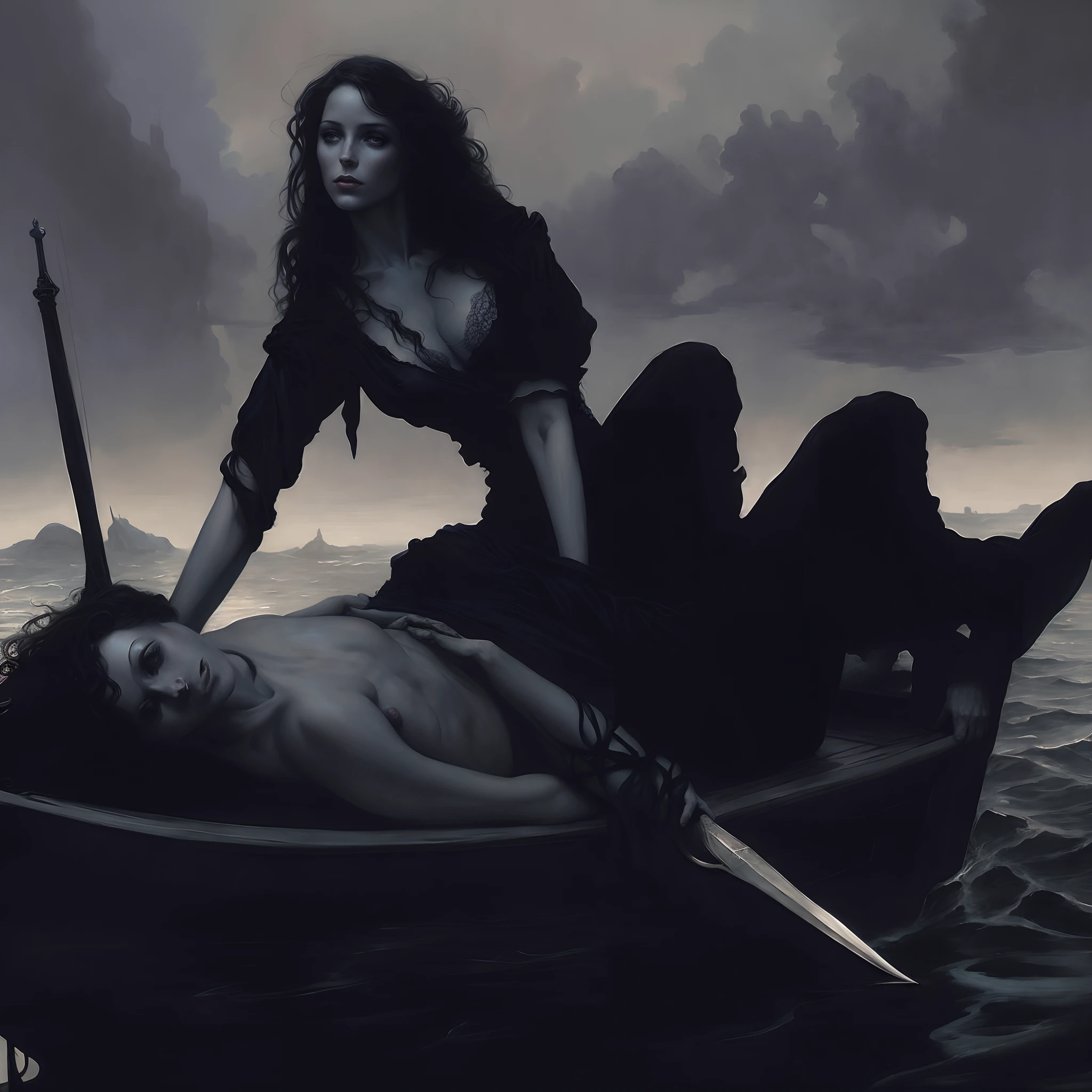 Il y a une femme assise dans un bateau avec un homme dessus, in style of dark fantasy art, Charlie Bowater et Tom Bagshaw, Tom Bagshaw Donato Giancola, Old - School Dark Fantasy Art, James Gurney Brom, Illustration de dark fantasy, Dark Fantasy mixed with realism, Gérard Brom, Art de style dark fantasy