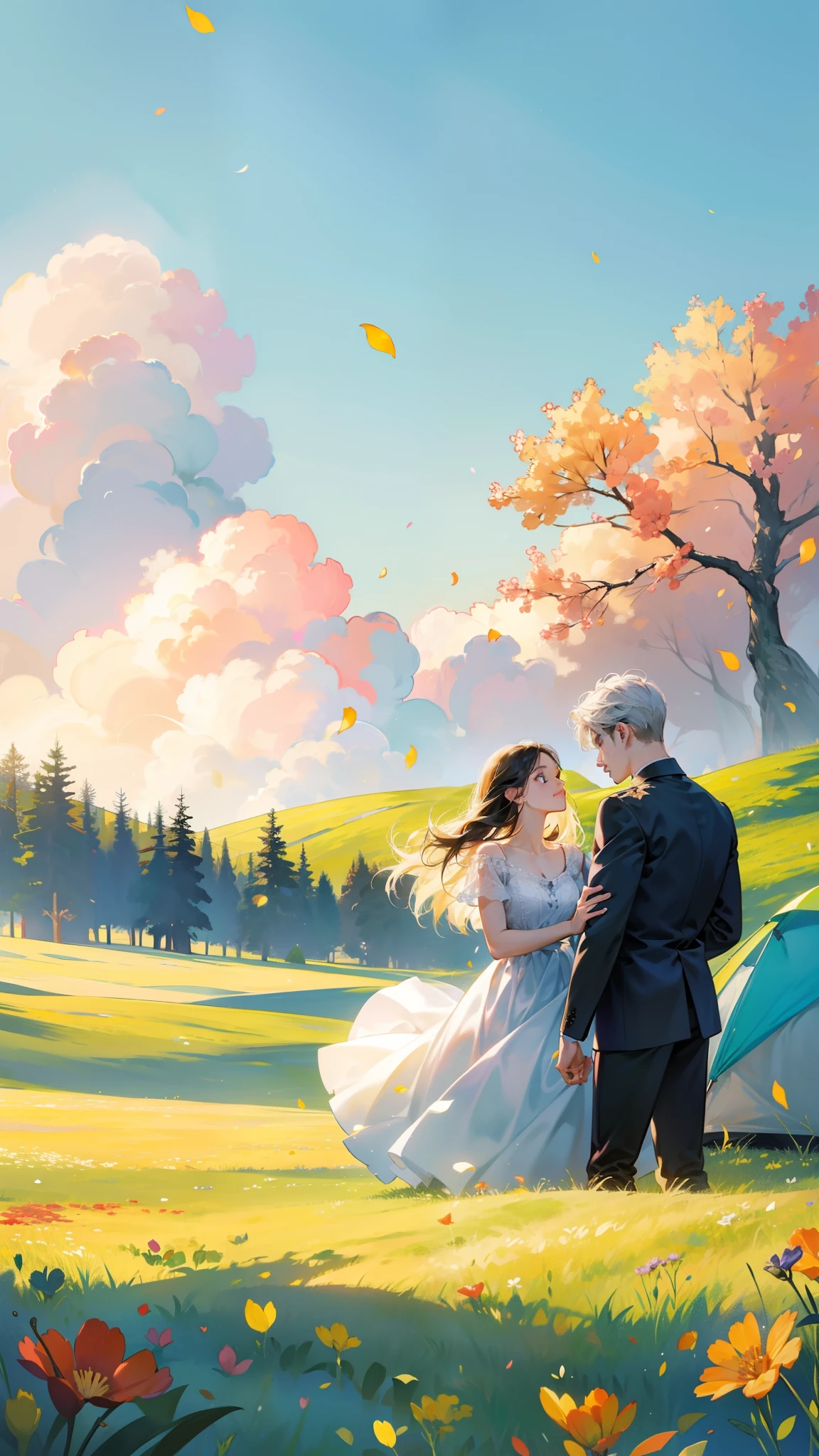 aquarelle, Strong texture, A couple looking at each other in deep love, The most romantic thing in the world, Falling petals, Minimalism, Camping meadow and sky background, Beautiful scene, High saturation