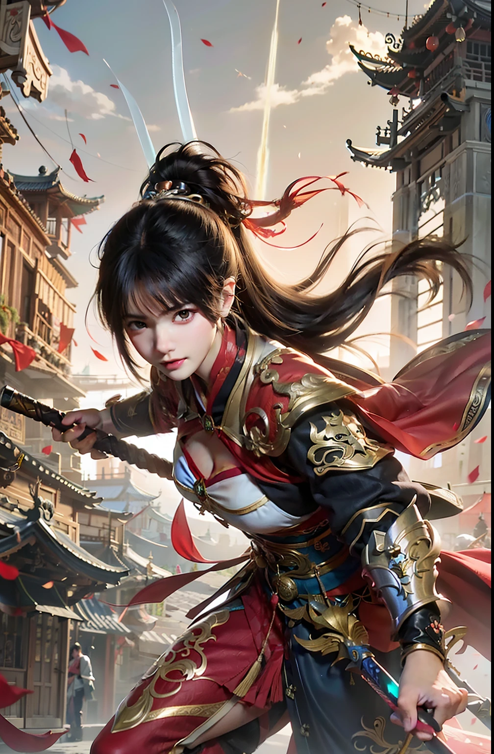 Anime - stylized image of a woman with a spear in the city,Beautiful as a flower， by Yang J, Artgerm and Ruan Jia, inspired by Du Qiong, G Liulian art style, Ruan Jia and Artgerm, Extremely detailed Artgerm, xianxia hero, By Li Song, author：Qu Leilei, chengwei pan on artstation