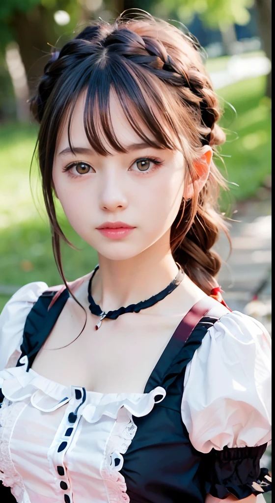 (ultra-detailliert), Cute princess dresses in black color,(frilly dress),(shortsleeves),Blue eyes,The upper part of the body、a closeup、faces、(A smile:1.1),(facing front:1.2), 20yr old, s girl,no tail,(no tail),2D, masterpiece, top-quality, animesque, A detailed eye, A detailed face, girl with, Only 1 person,Brown Hair Medium Hair, (Brown hair), Ear Hair, small tits, Single braid, (Single braid), (Side braid), Pink ribbon, Ribbon around the neck, (White sleeves), Background bokeh