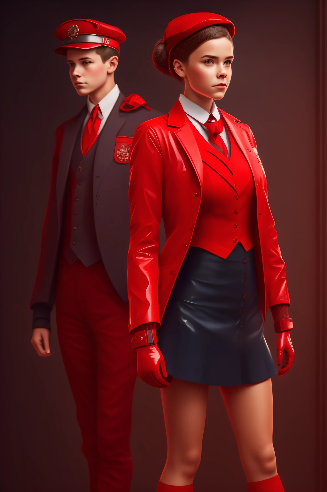 girl in red latex waistcoat, red school skirt, gloves, loafers, bowtie, hair bun, forage-cap. Static, enface, solid background, full