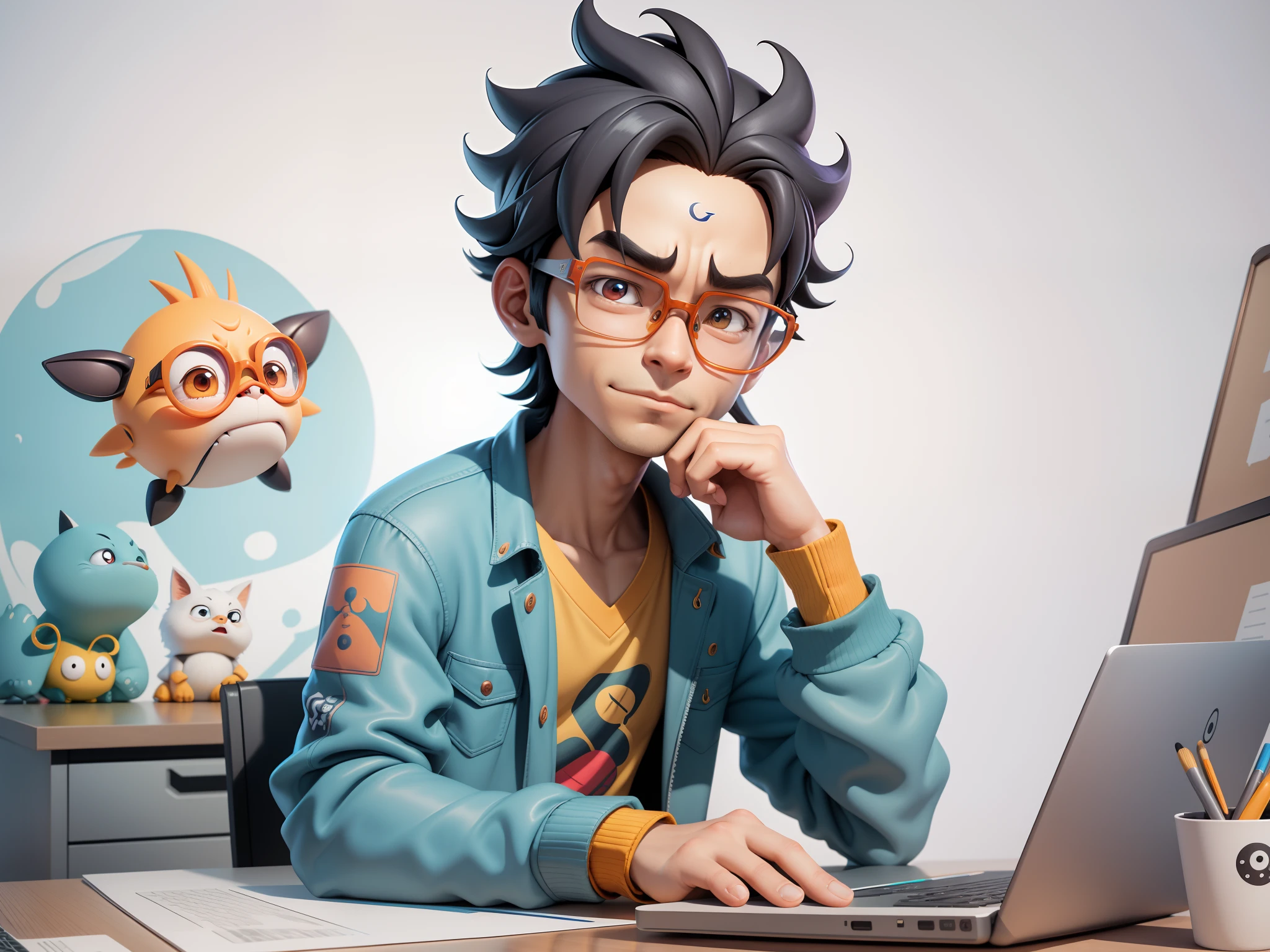 A young man with glasses sits at his desk,holding laptop,digitial painting,3D character design by Mark Clairen and Pixar and Hayao Miyazaki and Akira Toriyama,4K HD illustration,Very detailed facial features and cartoon-style visuals。