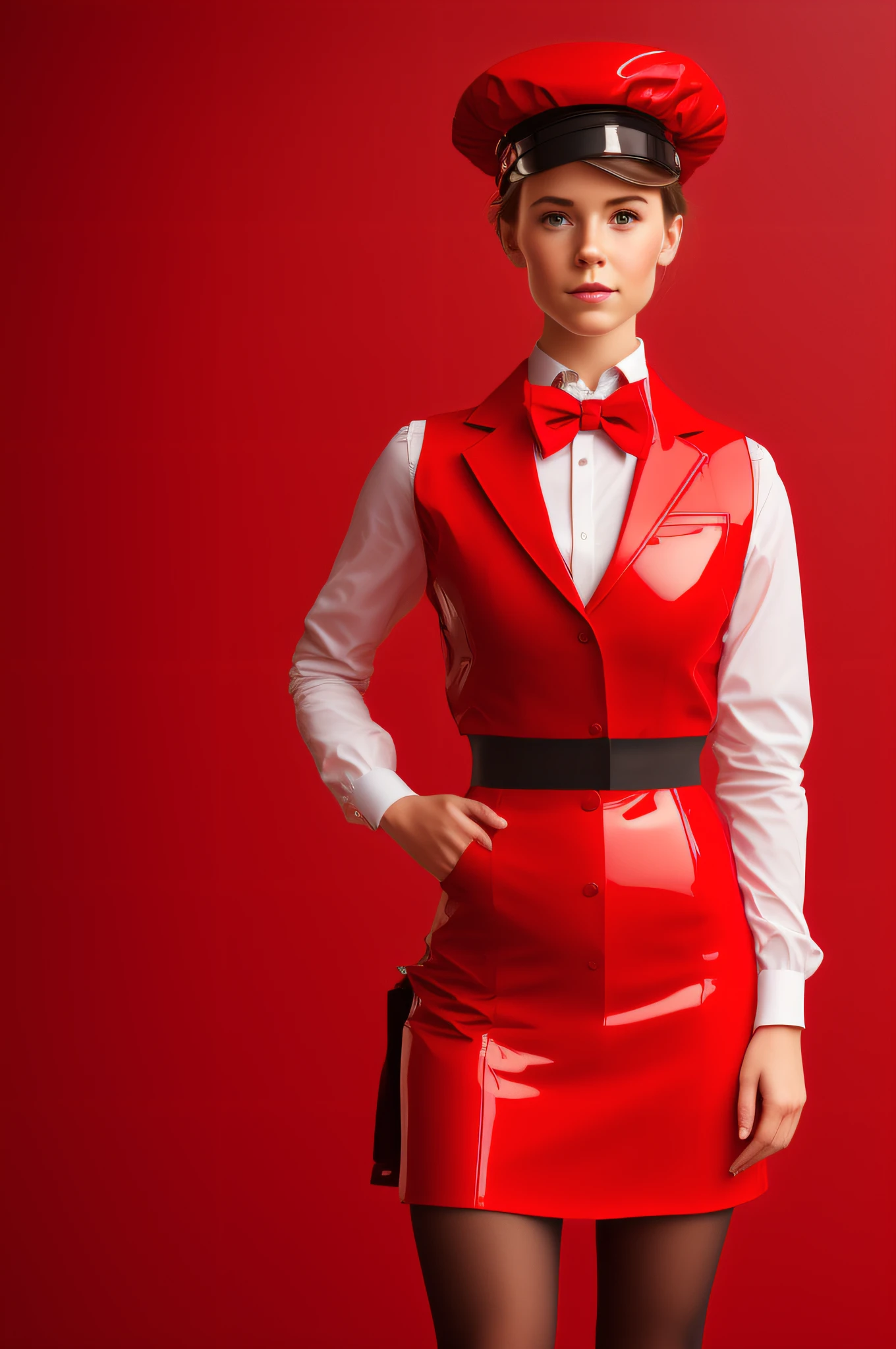 girl in red latex waistcoat, red school skirt, gloves, loafers, bowtie, hair bun, forage-cap. Static, enface, solid background, full