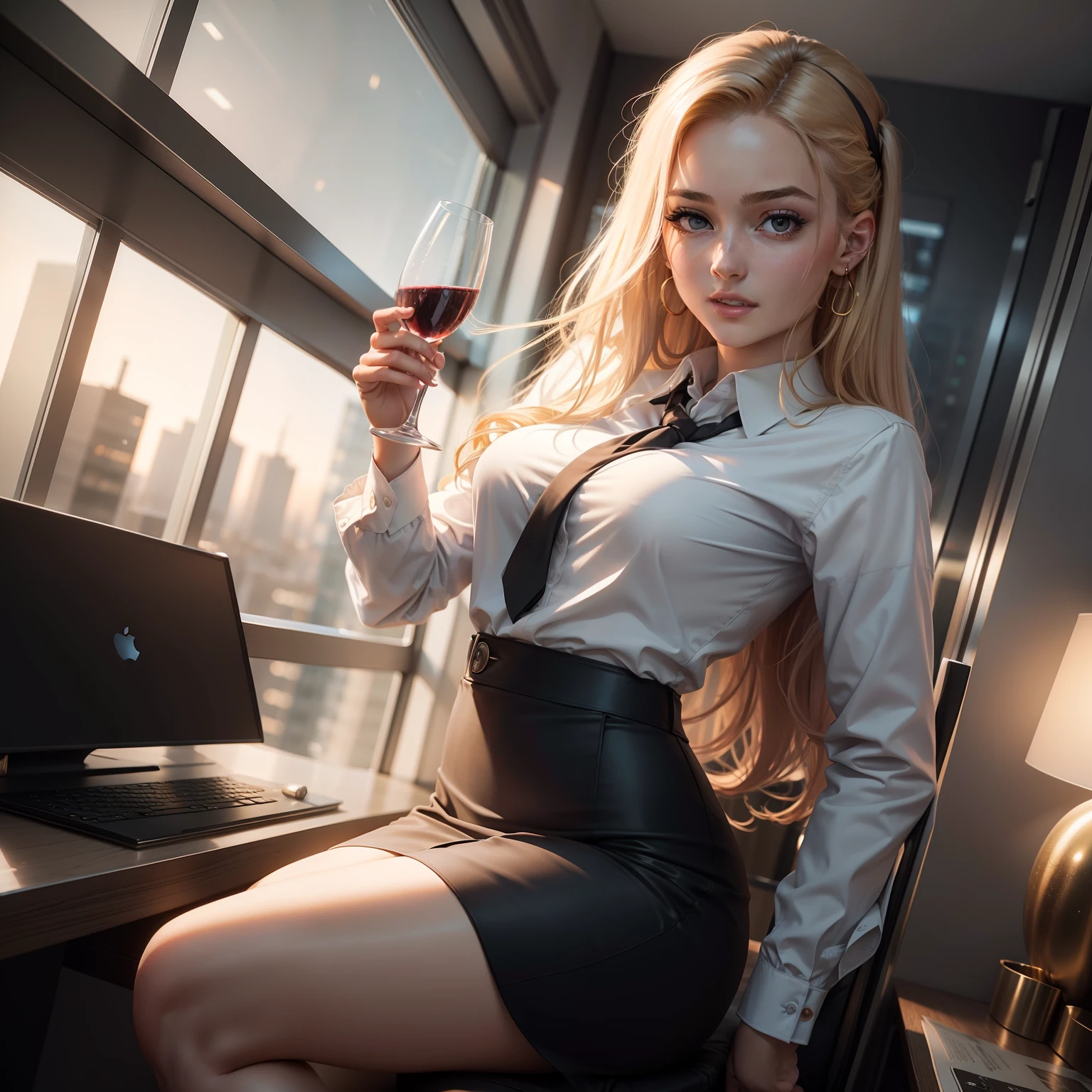 Image of elite office worker man partying with girl with wine and champagne on the top floor of tower apartment
