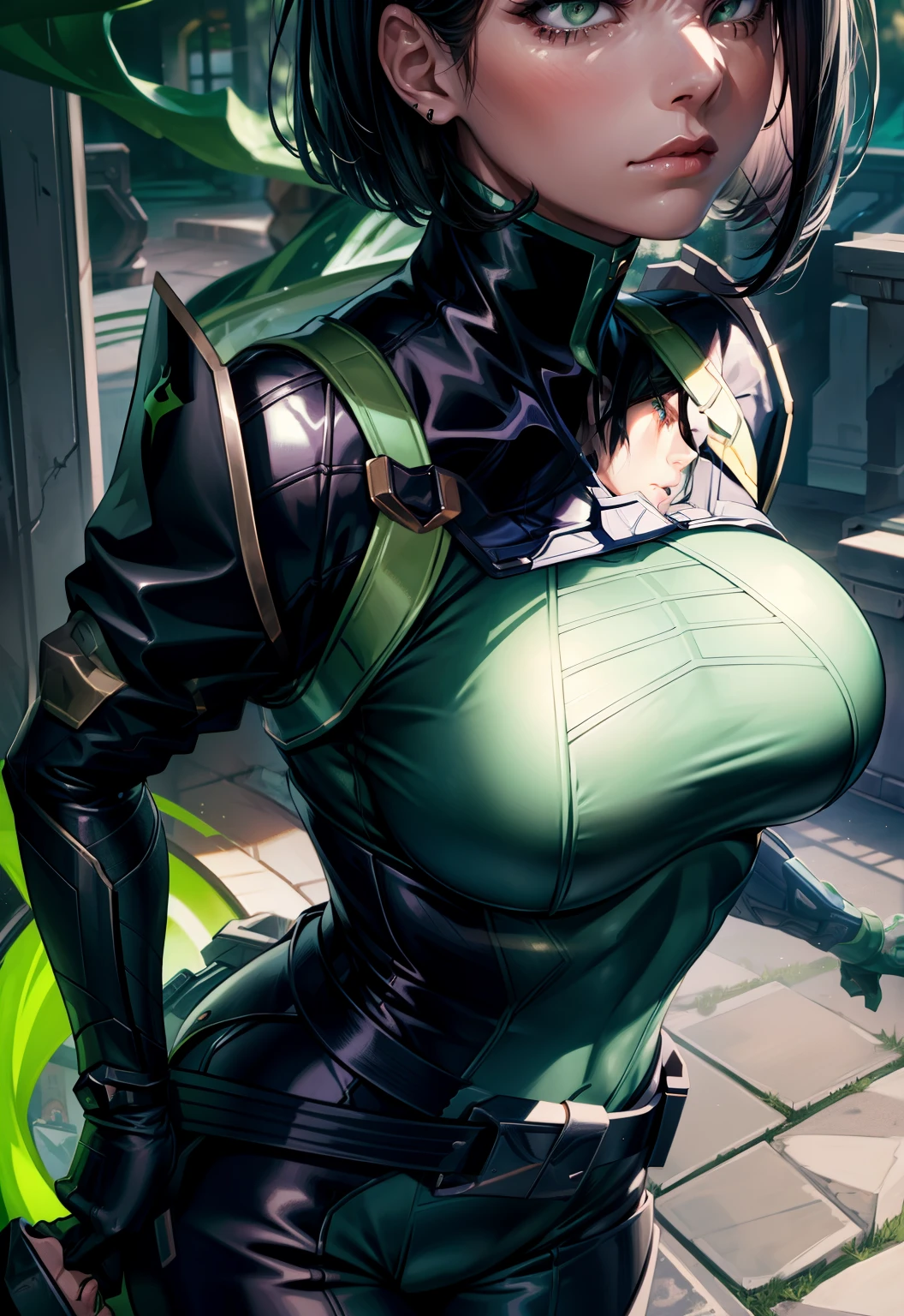 Masterpiece, Best quality, 《Fearless viper》, tightsuit, mitts, belt, thigh boots, respirator, view the viewer, face, Portrait, Close-up, Glowing eyes, green smoke, Black background,huge tit，Women confidently show off their sexy plump body，clothes 99%The kinky is exposed，Raised ，Close-up of a woman，chest focus，Woman in bikini，Laugh angrily，Extremely erotic figure