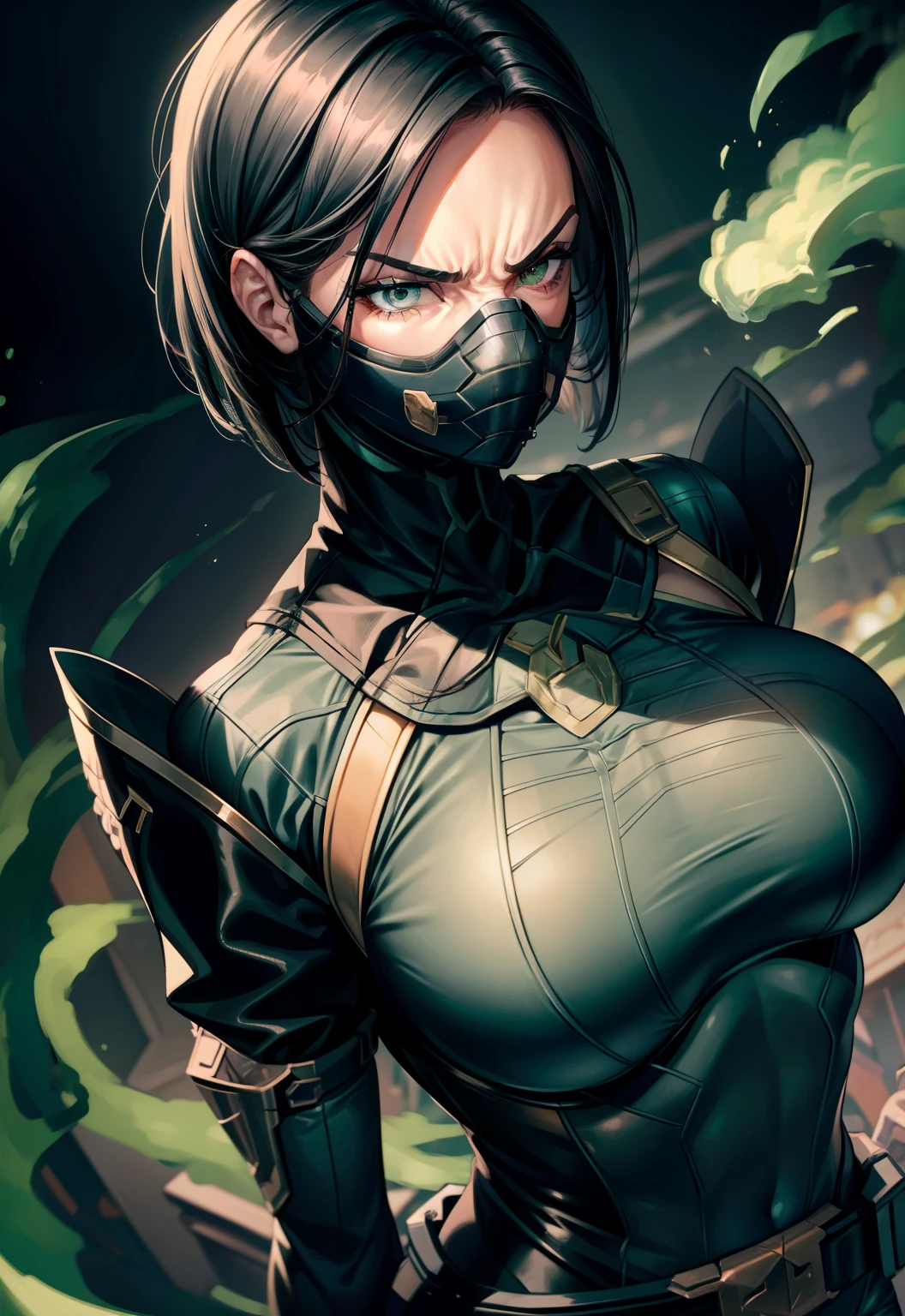 Masterpiece, Best quality,Look at the woman from below ，《Fearless viper》, tightsuit, mitts, belt, thigh boots, respirator, view the viewer, face, Portrait, Close-up, Red-faced，Glowing eyes, green smoke, Black background,huge ，Raised ，Close-up of ，oversized ， focus，Woman in a swimsuit，angry look，Extremely  figure，Staring angrily at the screen，Facing the screen，High-gloss dark style