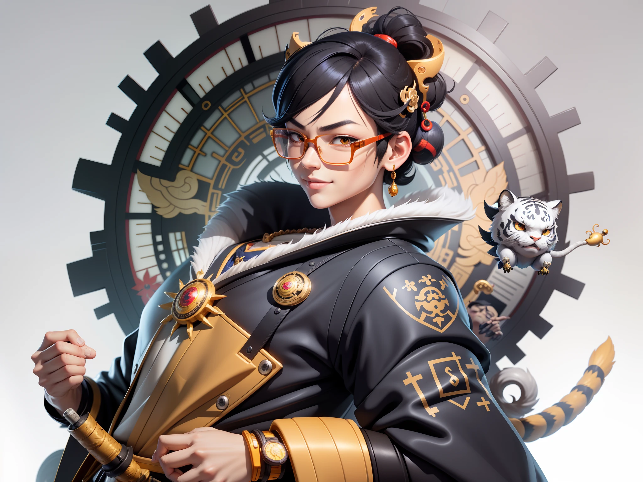 (Masterpiece), (Excellent), (Super Meticulous), (Full Body: 1.2), Super Young Man with Japanese Female Geisha, Pretty, Beautiful, Chinese Dragon, Tiger, Wind God Thor, Sexy, Bursting, Oriental Face, TV Anchor, Bust Portrait Illustration, Black Suit, Blue Tie, Slightly Chubby Face, Silver Glasses, Very Clean Face, No Beard on Chin, Black Super Short Hair, Black Eyes, Confident Smile, 3c Computer Sub-Products, iPad, iPhone, Digital Painting, 3D character design by Mark Clairedon and Pixar and Hayao Miyazaki and Akira Toriyama, the illustrations are HD illustrations in 4K resolution with highly detailed facial features and cartoon-style visuals.