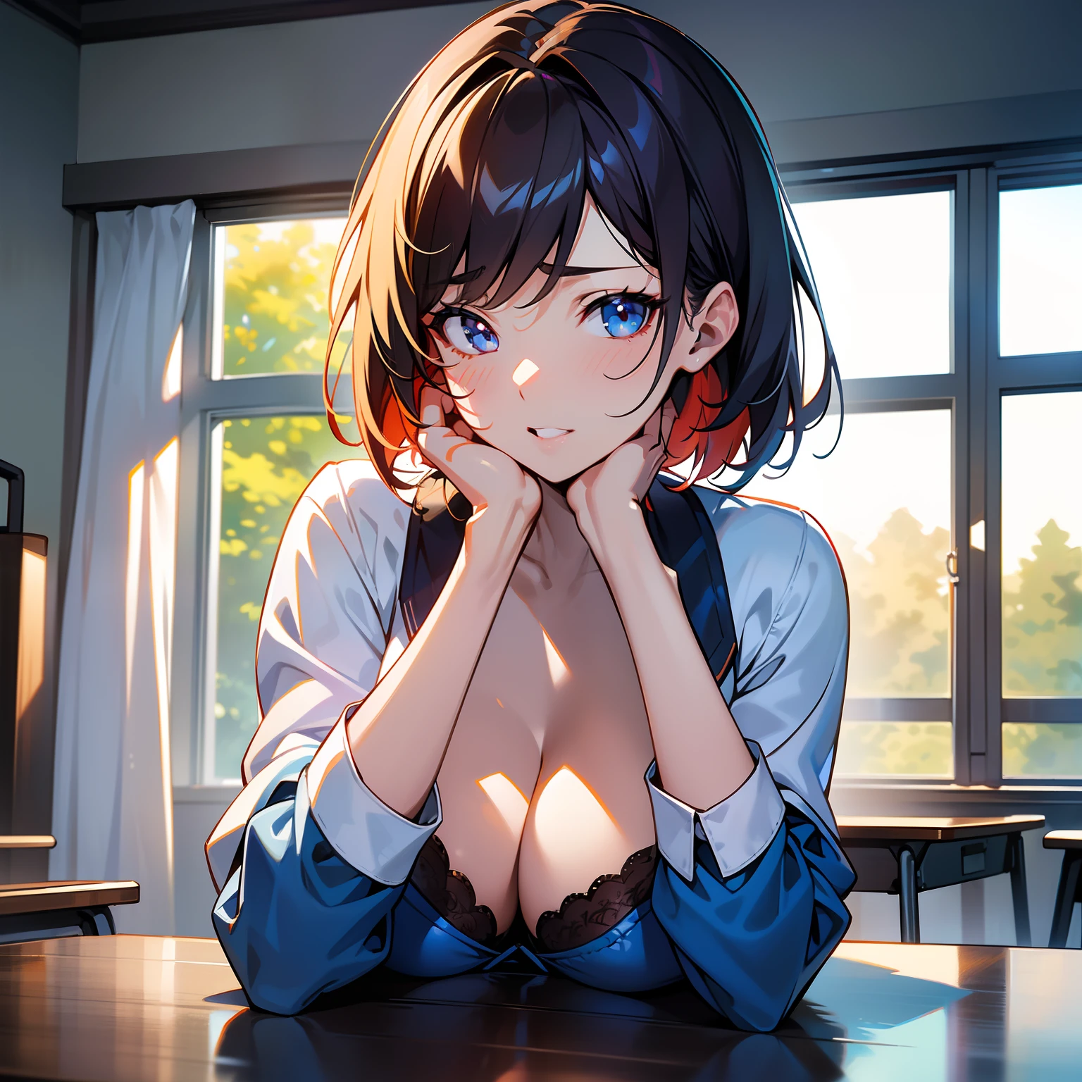 Blue-orange curls are curved inward，It belongs to short-haired，There is a strong sense of freshness and freshness,girl with,serafuku, hands on one's face, Elbows on the desk, Sit up, ‎Classroom, sunlights, window, see the beholder, Iki face, Teeth are coming out, You can see cleavage and bra through the gap in the uniform:1.2, Best Quality,Ultra-detailed, High resolution, extremely details CG, Unity 8k壁纸, Official art, production art, novel illustration, by famous artist, Caustics, textile shading, super detailed skin, Perfect Anatomy, Detailed, Cinematic lighting, Dynamic lighting, Beautiful detailed eyes, (top-quality), (ultra-detailliert), (masuter piece), (hight resolution), (Original), Character Design, Game CG, Detailed Manga Illustration, Realistic head-to-body size ratio:1.2