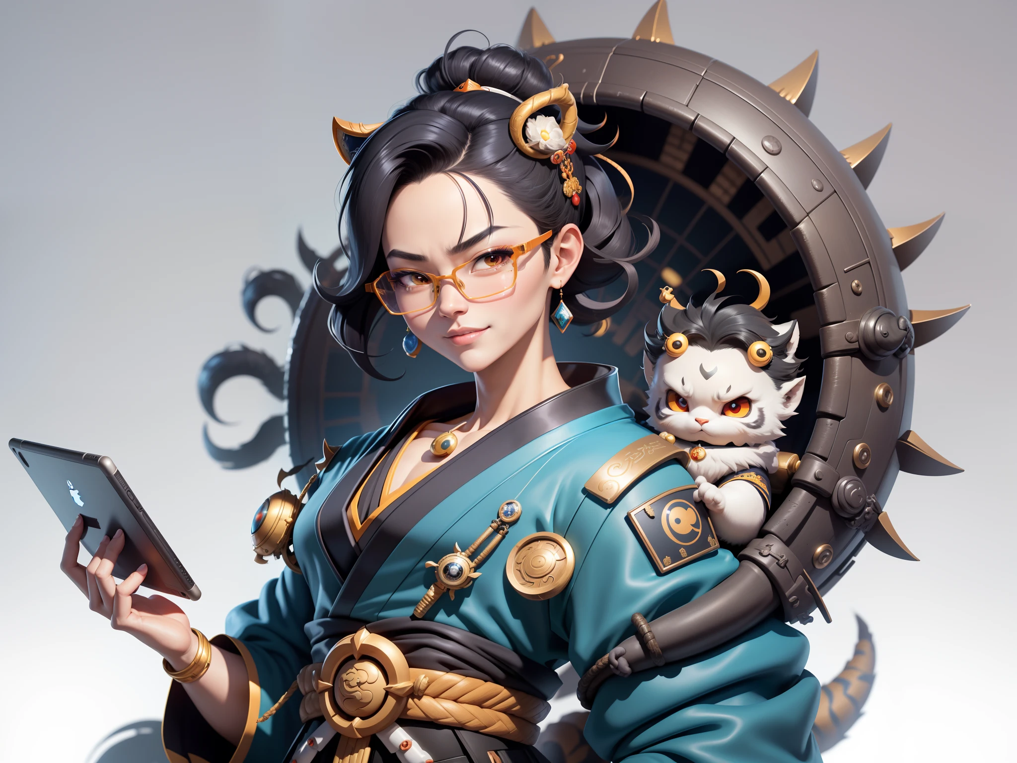(Masterpiece), (Excellent), (Super Meticulous), (Full Body: 1.2), Super Young Man with Japanese Female Geisha, Pretty, Beautiful, Chinese Dragon, Tiger, Wind God Thor, Sexy, Bursting, Oriental Face, TV Anchor, Bust Portrait Illustration, Black Suit, Blue Tie, Slightly Chubby Face, Silver Glasses, Very Clean Face, No Beard on Chin, Black Super Short Hair, Black Eyes, Confident Smile, 3c Computer Sub-Products, iPad, iPhone, Digital Painting, 3D character design by Mark Clairedon and Pixar and Hayao Miyazaki and Akira Toriyama, the illustrations are HD illustrations in 4K resolution with highly detailed facial features and cartoon-style visuals.