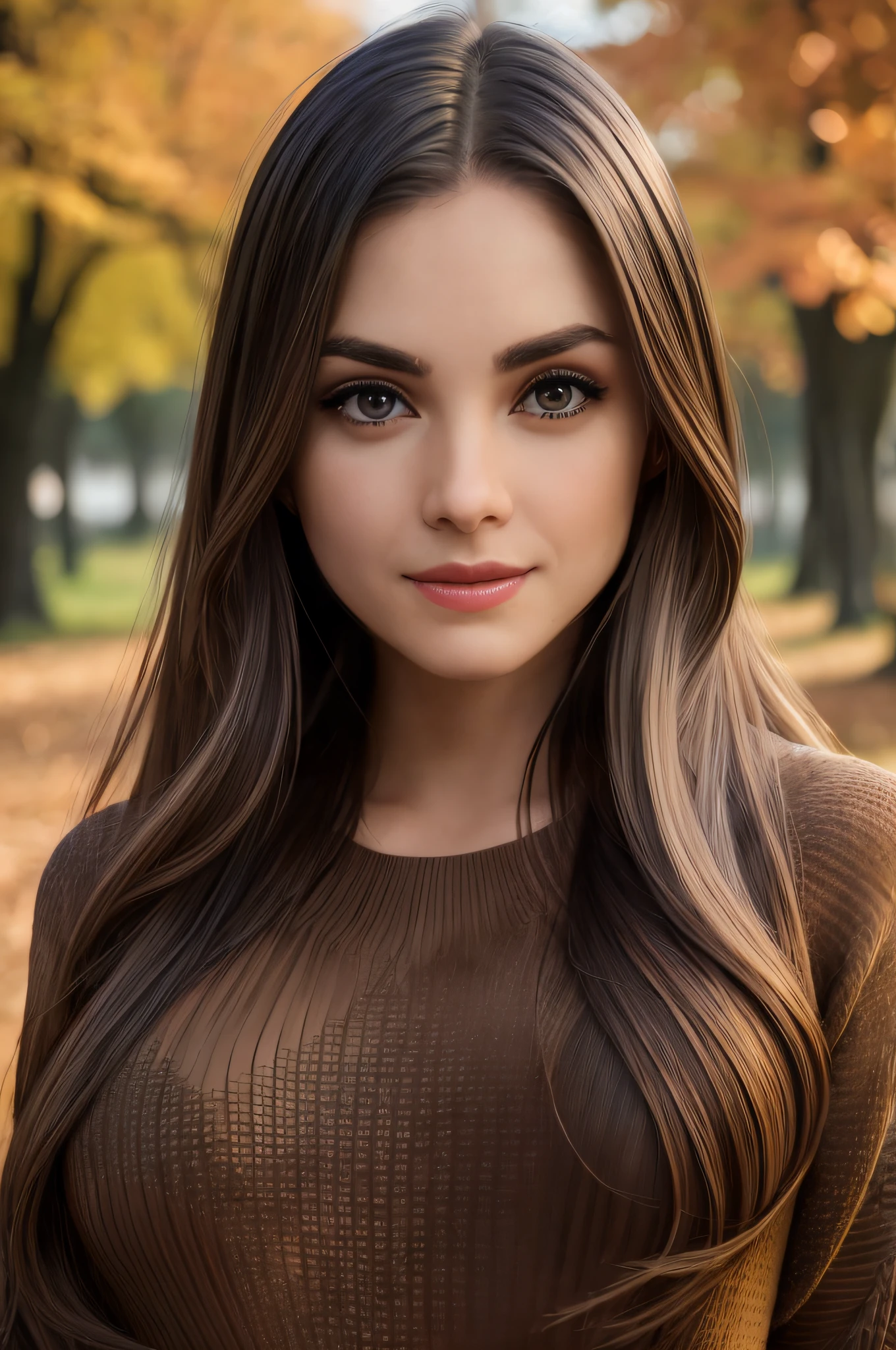 photography of a stunning girl, wearing a autumn jumper, long hair on one side, heavy bust 36DD, looks into the camera, symmetrical eyes, symmetrical face, photorealistic, photography, path tracing, specular lighting, volumetric face light, path traced hair, visible shadows, intricate, elaborate
