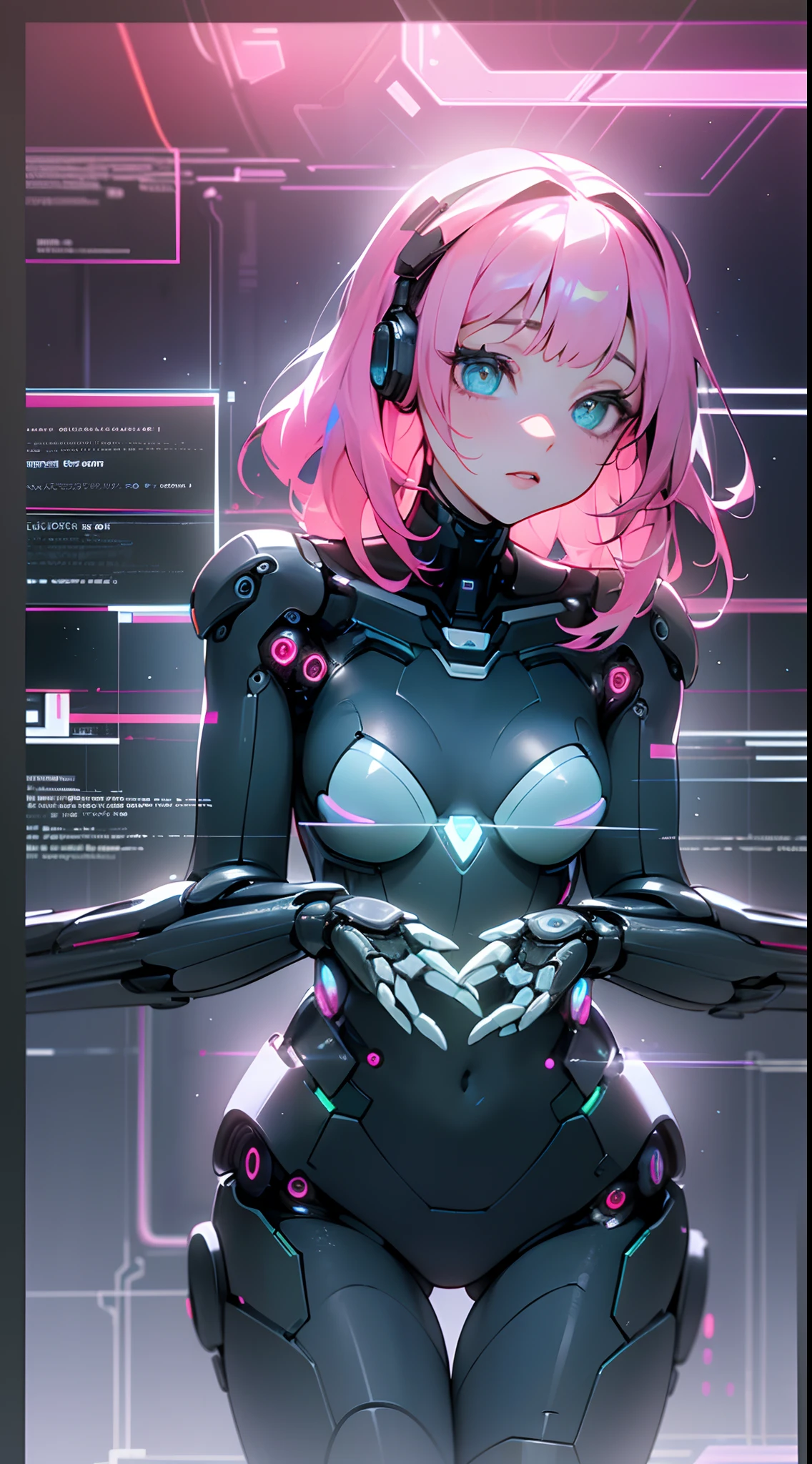 (masterpiece, high resolution, CGI:1.4), (depicting a captivating woman with vibrant pink hair and mesmerizing eyes that shimmer in a captivating blend of green and blue:1.3), (her eyes glowing with an otherworldly light:1.2), (metallic and robotic components integrated throughout her body:1.2), (seamlessly fusing with her organic form:1.2), (delicate circuits and intricate patterns running beneath her skin:1.2), (enhanced robotic limbs with seamless movement:1.2), (her fingers adorned with precision-enhancing cybernetics:1.2), (Canon EOS R5 mirrorless camera:1.2), (paired with a Canon RF 85mm f/1.2L USM lens:1.2), (capturing the finest details of her cybernetic enhancements:1.2), (the laboratory setting designed with a futuristic and minimalistic aesthetic:1.2), (sleek and polished surfaces reflecting the glow of holographic displays:1.2), (floating holographic data screens surrounding her:1.2), (subtle neon lights casting an ethereal glow across the room:1.1), (advanced AI assistants interacting with the environment:1.1), (a mesmerizing CGI render of a woman embracing the merging of human and machine in a captivating future:1.2).