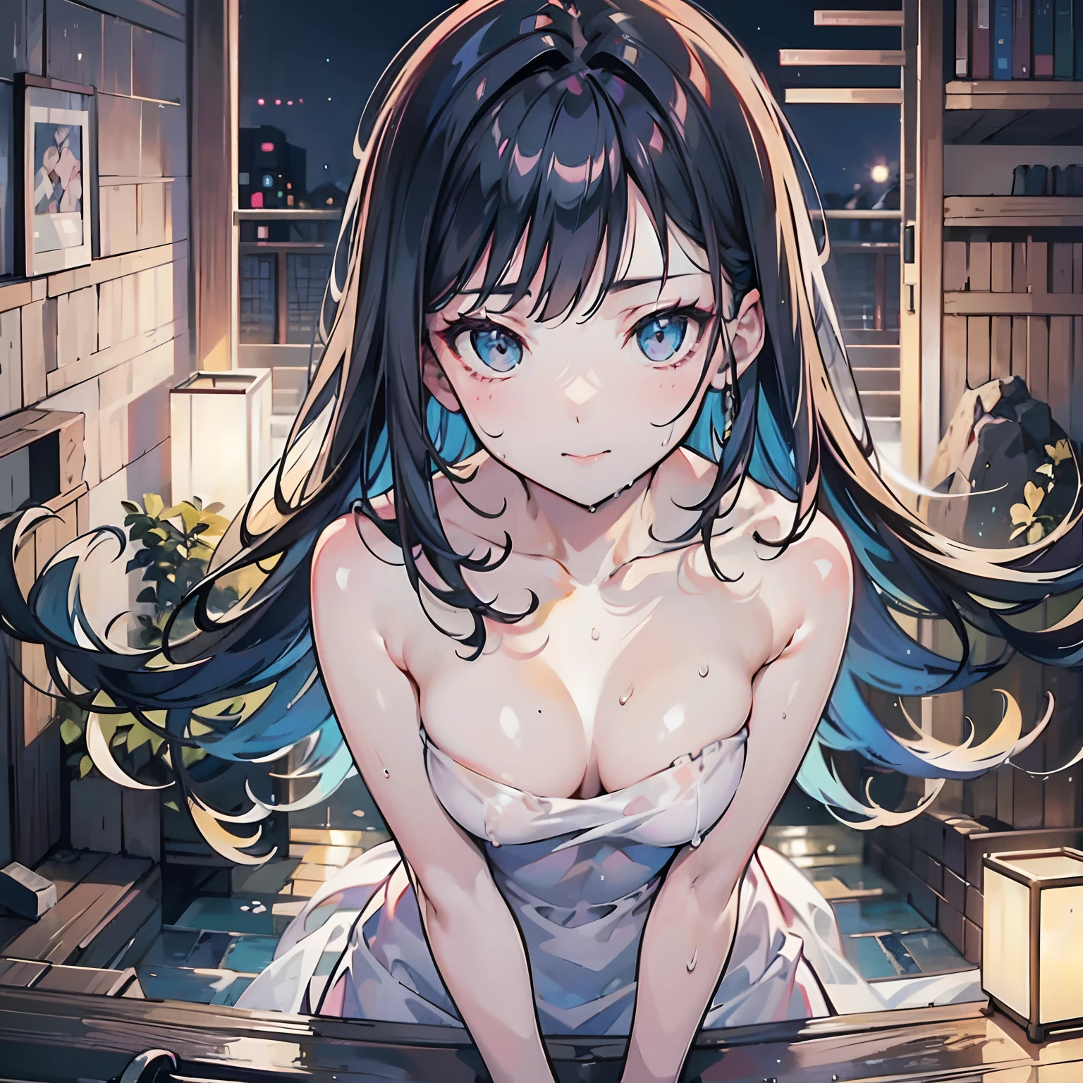1girl in, 独奏:1.2, (18year old:1.2), Cute  s, Realistic body, Sweaty skin, Glowing skin, Slim body, Short black hair, (Dull bangs: 1.2), Smile, Cute face, Delicate eyes,, ((Naked in a towel)), ((Onsen)), (no-bra), (Wet body), (Bend over and take off your panties), ((Wet hair)), (Arms crossed behind the head), (Legs spread), ((SEXY AND DYNAMIC POSE)), See-through, look at a camera, cowboy lens, Best Quality,Ultra-detailed, High resolution, extremely details CG, Unity 8k壁纸, Official art, production art, novel illustration, by famous artist, Caustics, textile shading, super detailed skin, Perfect Anatomy, Detailed, Cinematic lighting, Dynamic lighting, Beautiful detailed eyes, (top-quality), (ultra-detailliert), (masuter piece), (hight resolution), (Original), Character Design, Game CG, Detailed Manga Illustration, Realistic head-to-body size ratio:1.2