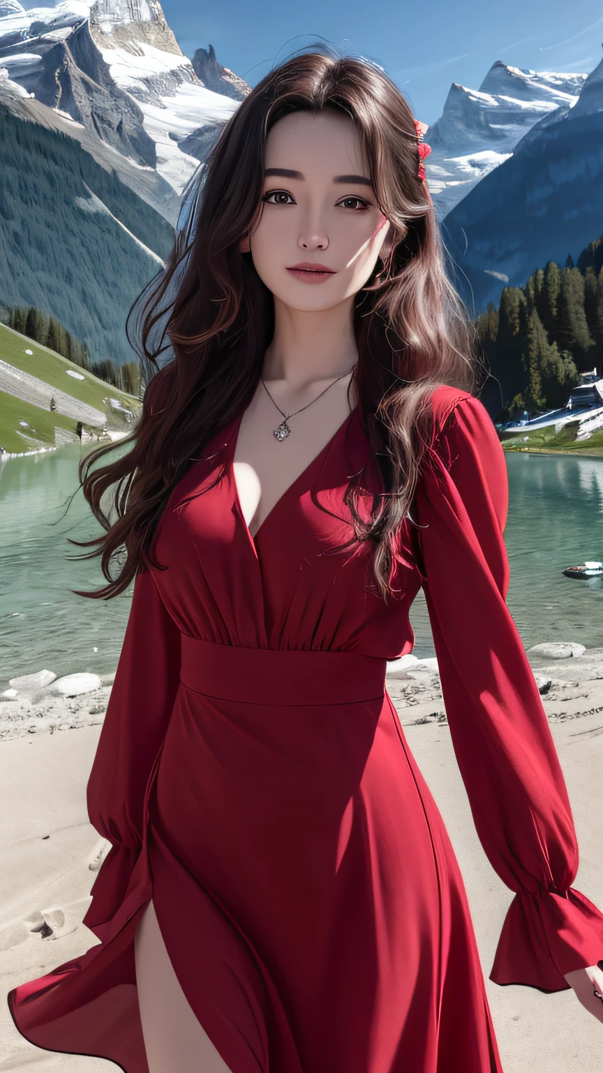 masterpiece,ultra realistic,32k,extremely detailed CG unity 8k wallpaper, best quality,
The Swiss Alps, Switzerland, ( Dark red A-line dress ) ,((spring day )), Beachy waves with a side part ,eardrop,lady ,necklace,