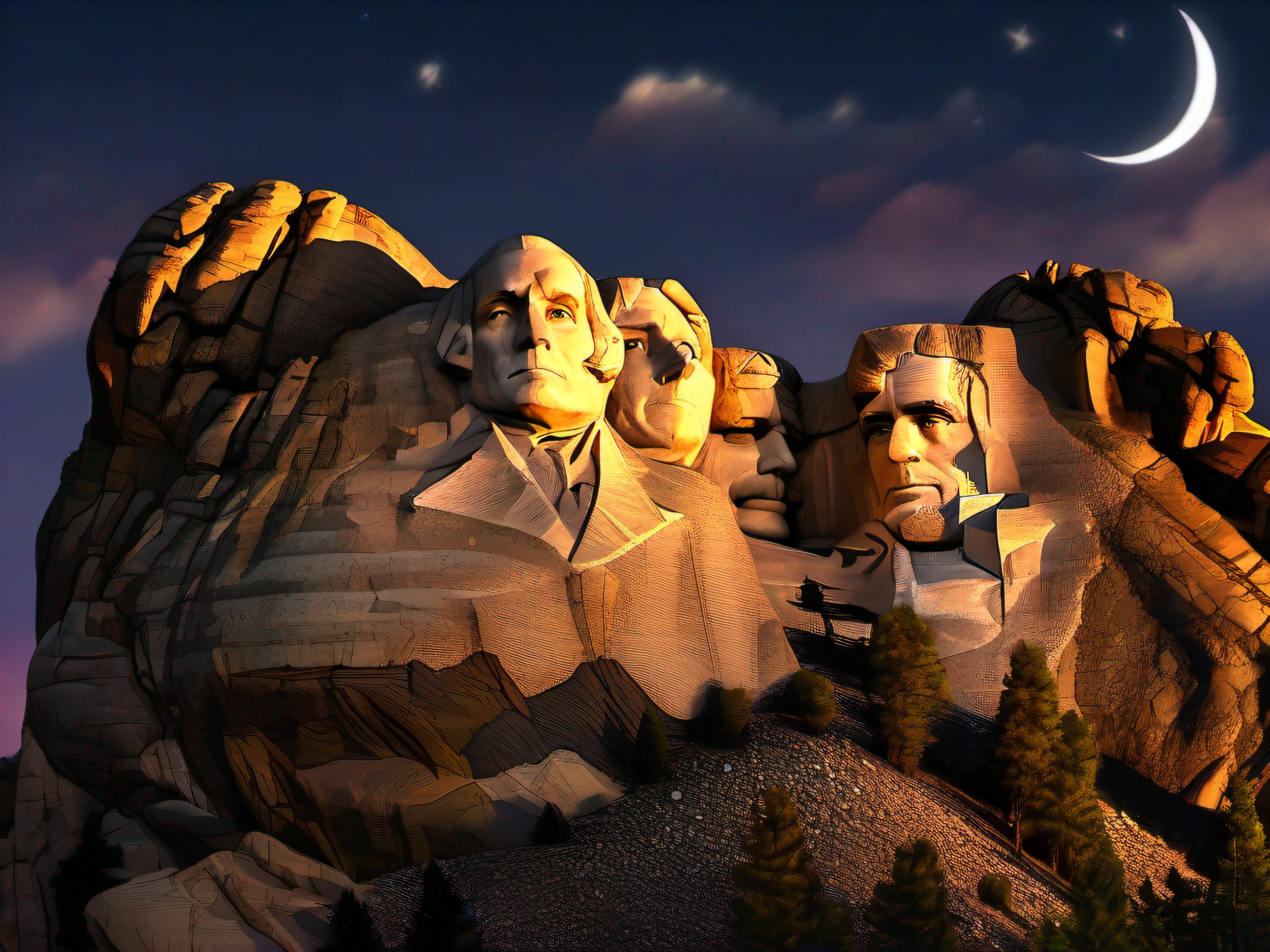 "Nighttime view of Mount Rushmore, illuminated with dramatic lighting and shadows."