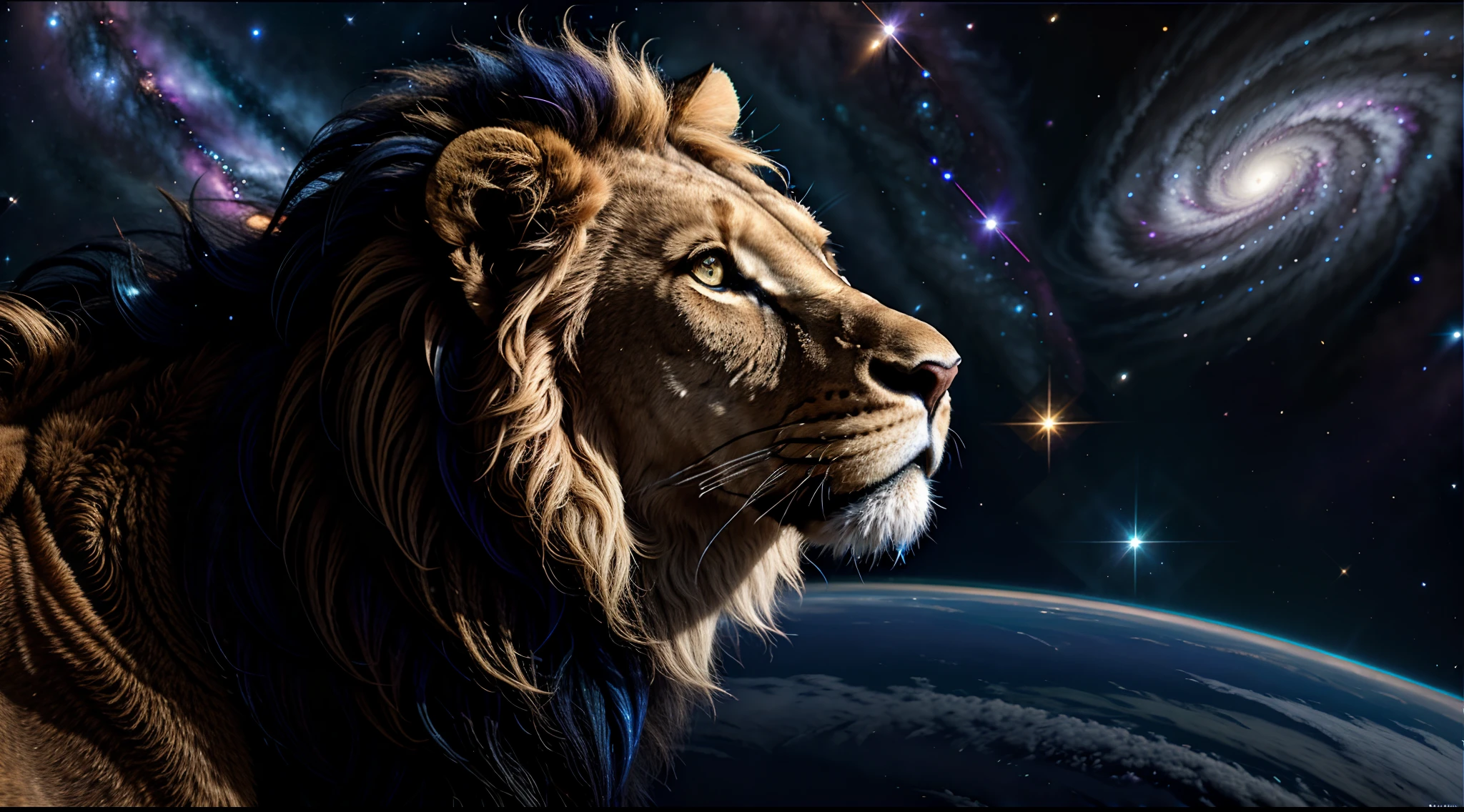 a photograph Galaxies, spirals, space, nebulae, stars, smoke, iridescent, intricate detail, in the shape of a lion, octane rendering, 8k hyper realistic, realistic texture, unreal natural lighting engine, cinestill 800, (35mm lens)
