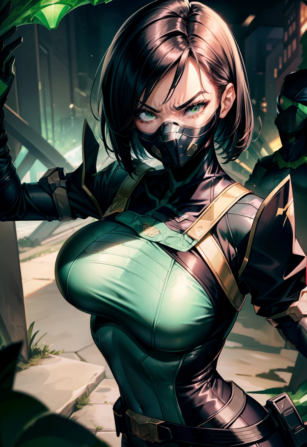 Masterpiece, Best quality,Look at the woman from below ，《Fearless viper》, tightsuit, mitts, belt, thigh boots, respirator, view the viewer, face, Portrait, Close-up, Red-faced，Glowing eyes, green smoke, Black background,huge tit，Raised chest，Close-up of chest，oversized boobs，chest focus，Woman in a swimsuit，angry look，Extremely erotic figure，Staring angrily at the screen，Facing the screen，High-gloss dark style