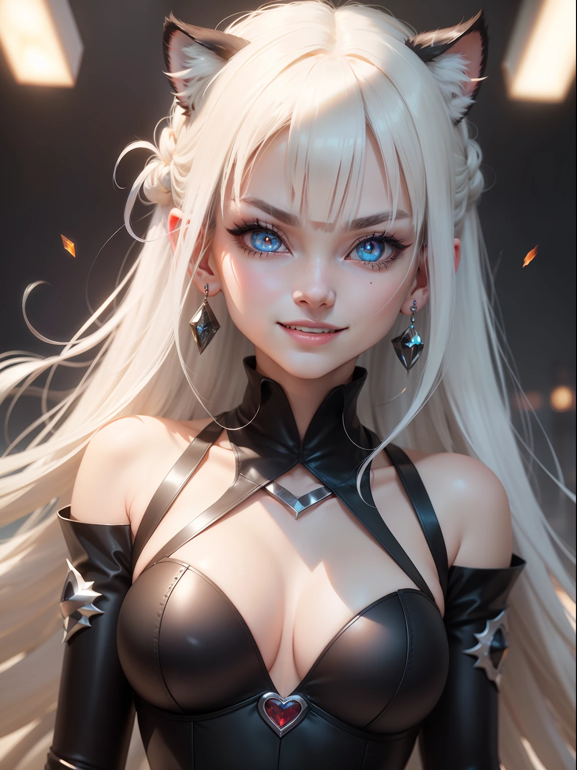 white hair, smile, evil smile, evil smile, tiger ears, dilated pupils, eyeball, glowing eyes, heterochromia, heart-shaped eyes, bangs, light brown hair, hair over shoulder, long hair, half updo, eyeball, glowing eyes, longeyelashes, amber eyes, earrings, crystal earrings, evil smile, fingersmile, licking lips, heart in eye, torogao, fang out, anime style, anime style, Hyperrealism, cinematic lighting, perspective, f/1.2, anime style, Suprematism, Hyperrealism, stereogram, drop shadow, cinematic lighting, multiple views, sideways, 135mm, 1080P, HD, anatomically correct, 1080P, super detail
