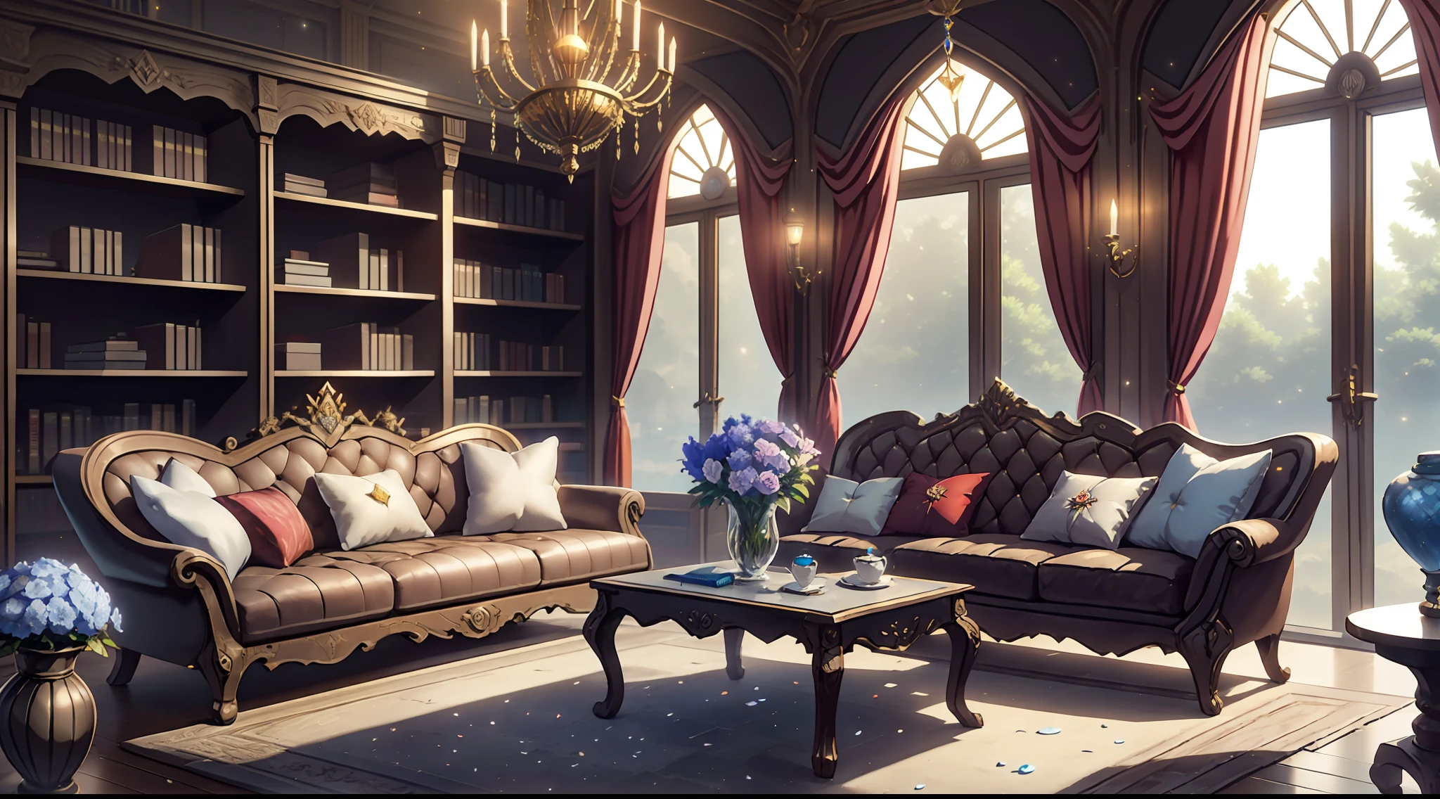 calm afternoon, and the sun was shining brightly,well-illuminated, The water is shining,Small particle effects, A small amount of the Tyndall effect, crystal lamp, European retro court,Retro, Cool tone atmosphere,Carved, Baroque style, RococoStyle, ,sofe,Soft throw pillows, coffee table, Cabinet with obvious viewing angles, A small number of starry skies, Smooth floor, hanging lights, Warm chairs, White chair, flower, Cold, Court style, A large sofa, tea party, Warm colors like a fairy tale, warm color, Made of crimson leather, Warm and calm,Book case,bookshelves,magia,magical,A lot of books,Study room,starrysky,Lots of bookshelves,A little fox