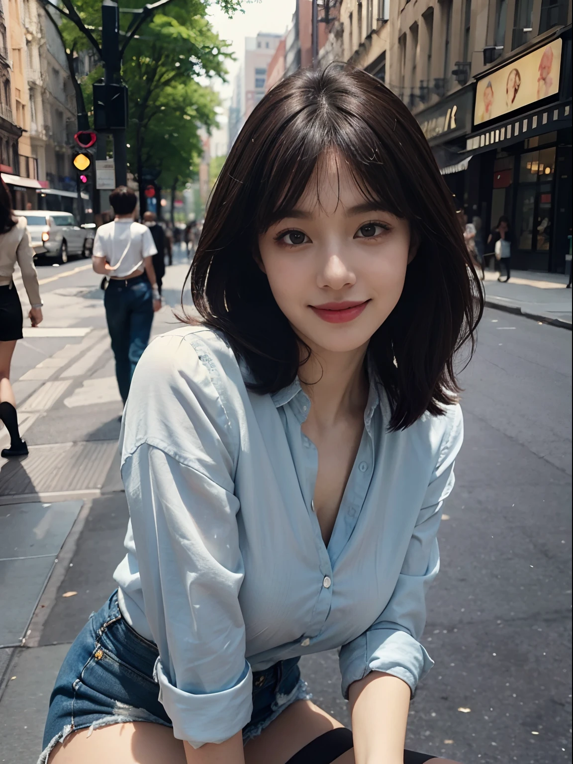 ((top-quality,realisticlying,hyper HD,tmasterpiece:1.4,Highly Detailed Face and Skin Textur)),High quality face,1个Giant Breast Girl,Slender abs:1.1,medium boob:1.3,Highly detailed lips,By bangs,Floral,she's smiling,Half-body appearance,with fair skin,Walk in New York and other cities in the 1970s,leaning-forward,black lence stockings,denim short,in blouse wearing,largeaperture