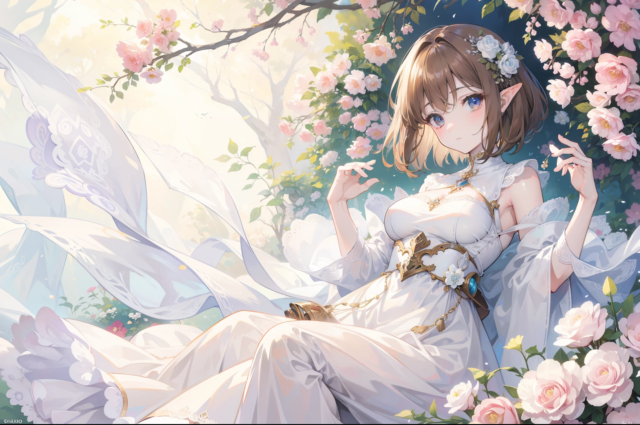 Official Art, Masterpiece European female, elvish, short hair, pale brown hair , brown eyes, (masterpiece、top-quality、hight resolution: 1.4),in 8K, Drawing of a woman with short pale brown hair, Anime Art Nouveau, highly detailed exquisite fanart, anime fantasy illustration, clean detailed anime art, detailed anime art, Sharp Focus, Delicate Beautiful Hair and Eyes and Face, realisitic, ultra-detailliert, flower garden, sunlight, white summer dress