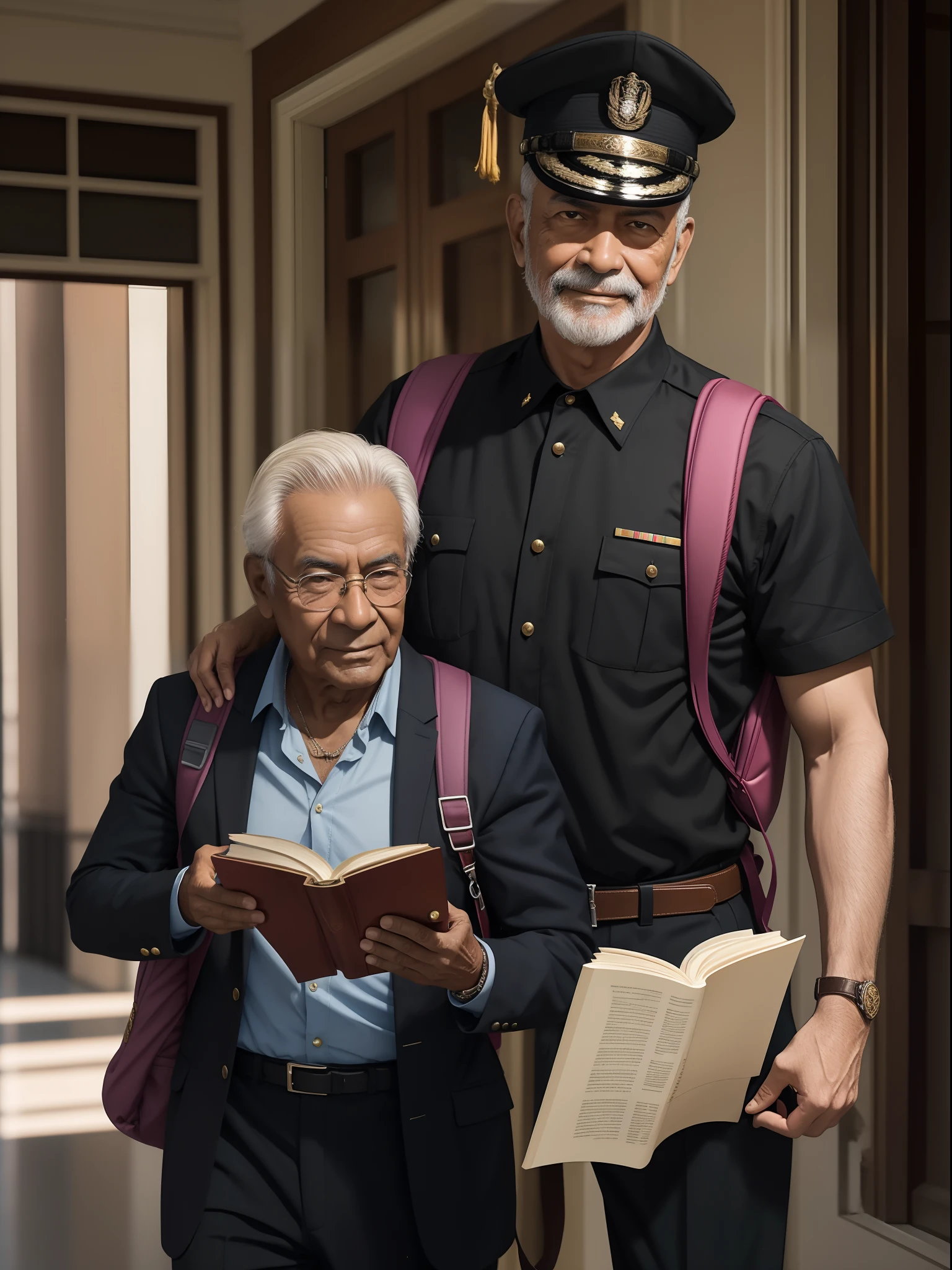 Realistic photo of a Latin army general, com uma idade de 60 anos, happy looking at camera, brown skin wearing a college student with a black backpack on his back, camisa branca e tom de pele parda, holding a book in his hands looking at the general.