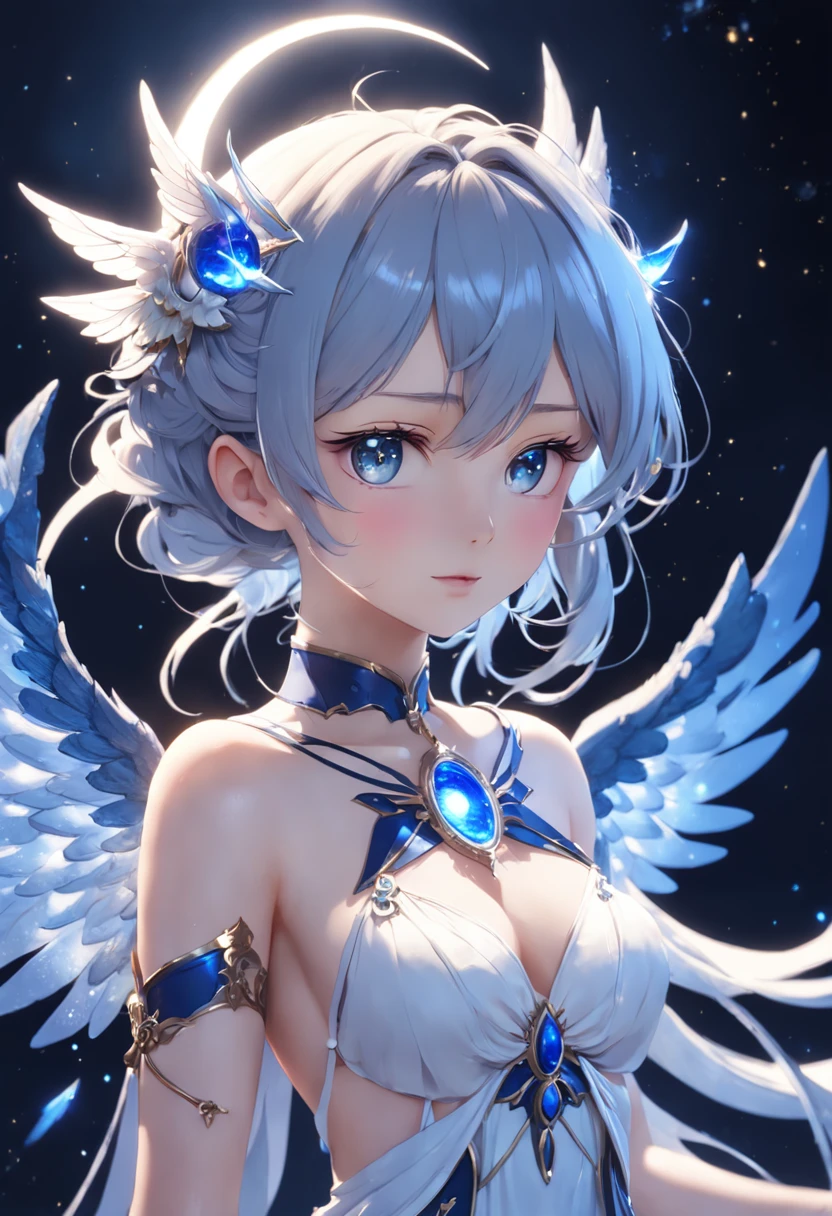 Adorned young goddess of the moon in a sparkling dark blue fantasy moon scarmor with wings and gentle facial features, Dunkelblaue funkelnde Augen, white glowing angel wings, helle Lichter und Funken, Anime Goddess, Unreal-Engine-Rendering + a goddess, 3-D-Rendercharakter Kunst 8 K, render of a cute 3d anime girl, Artgerm, 3D-Unreal-Engine, Anime sehr detailliert, 8k hochwertige detaillierte Kunst, Goddess. Extrem hohe Detailgenauigkeit, photorealistic anime girl render, Goddess of Light, silbernes Diamantdiadem auf dem Kopf