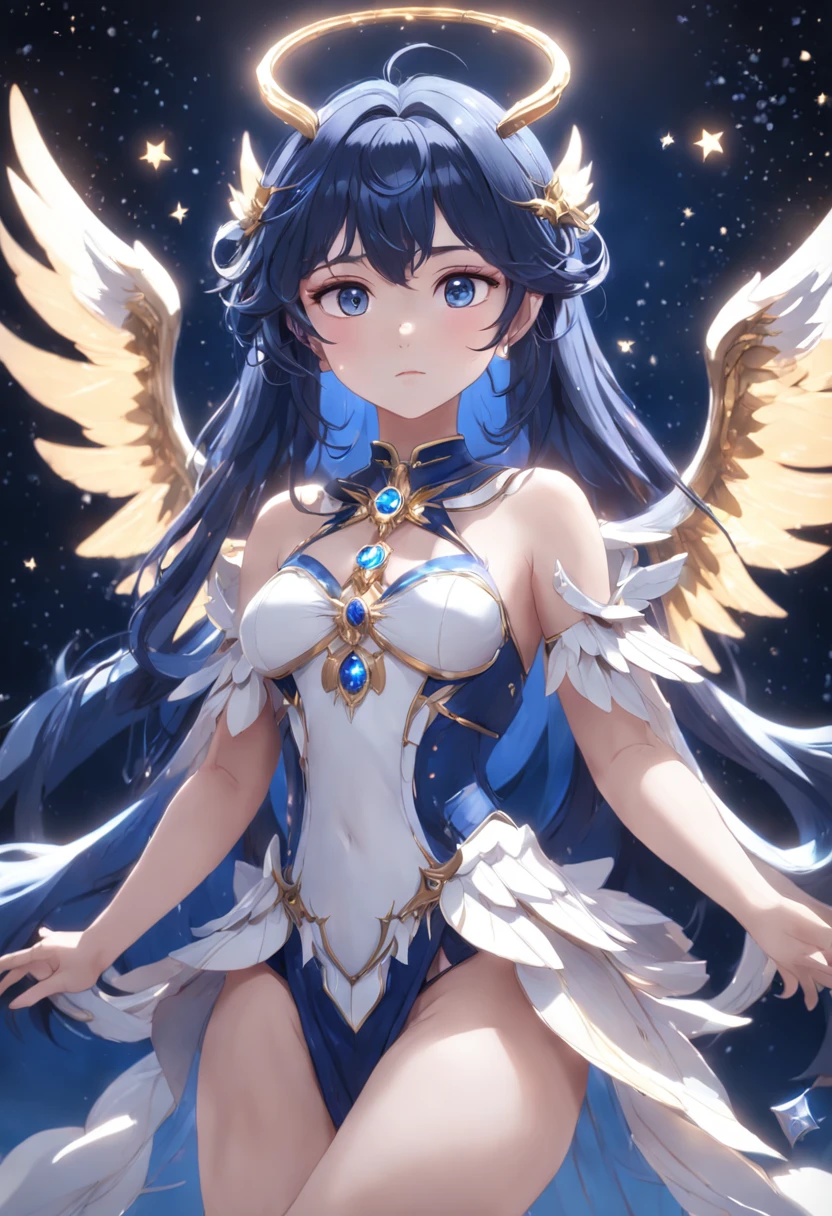 Adorned young goddess of the moon in a sparkling dark blue fantasy moon scarmor with wings and gentle facial features, Dunkelblaue funkelnde Augen, white glowing angel wings, helle Lichter und Funken, Anime Goddess, Unreal-Engine-Rendering + a goddess, 3-D-Rendercharakter Kunst 8 K, render of a cute 3d anime girl, Artgerm, 3D-Unreal-Engine, Anime sehr detailliert, 8k hochwertige detaillierte Kunst, Goddess. Extrem hohe Detailgenauigkeit, photorealistic anime girl render, Goddess of Light, silbernes Diamantdiadem auf dem Kopf
