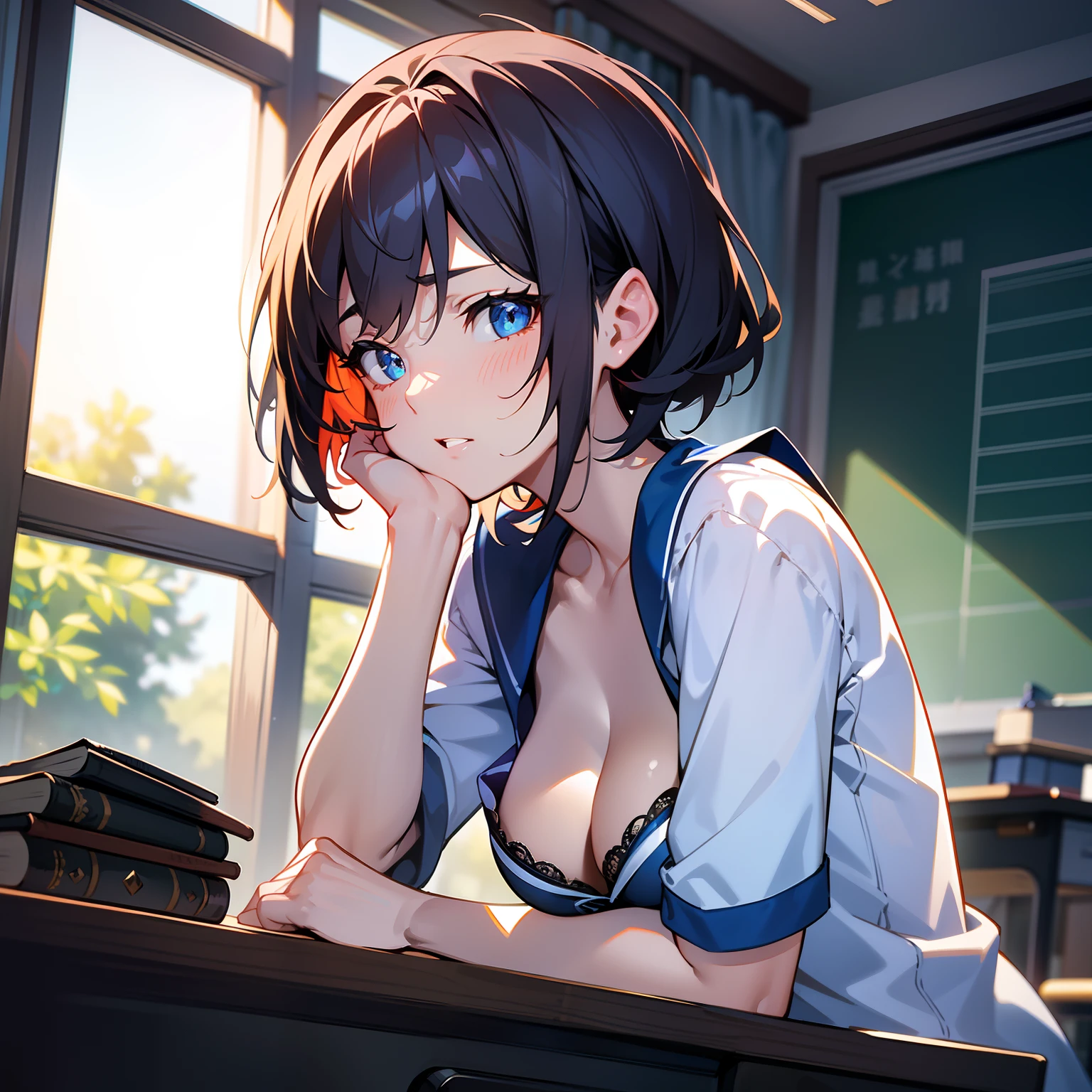 Blue-orange curls are curved inward，It belongs to short-haired，There is a strong sense of freshness and freshness,girl with,serafuku, hands on one's face, Elbows on the desk, Sit up, ‎Classroom, sunlights, window, see the beholder, Iki face, Teeth are coming out, I can see the cleavage:1.2, Underwear with the finest lace, Best Quality,Ultra-detailed, High resolution, extremely details CG, Unity 8k壁纸, Official art, production art, novel illustration, by famous artist, Caustics, textile shading, super detailed skin, Perfect Anatomy, Detailed, Cinematic lighting, Dynamic lighting, Beautiful detailed eyes, (top-quality), (ultra-detailliert), (masuter piece), (hight resolution), (Original), Character Design, Game CG, Detailed Manga Illustration, Realistic head-to-body size ratio:1.2